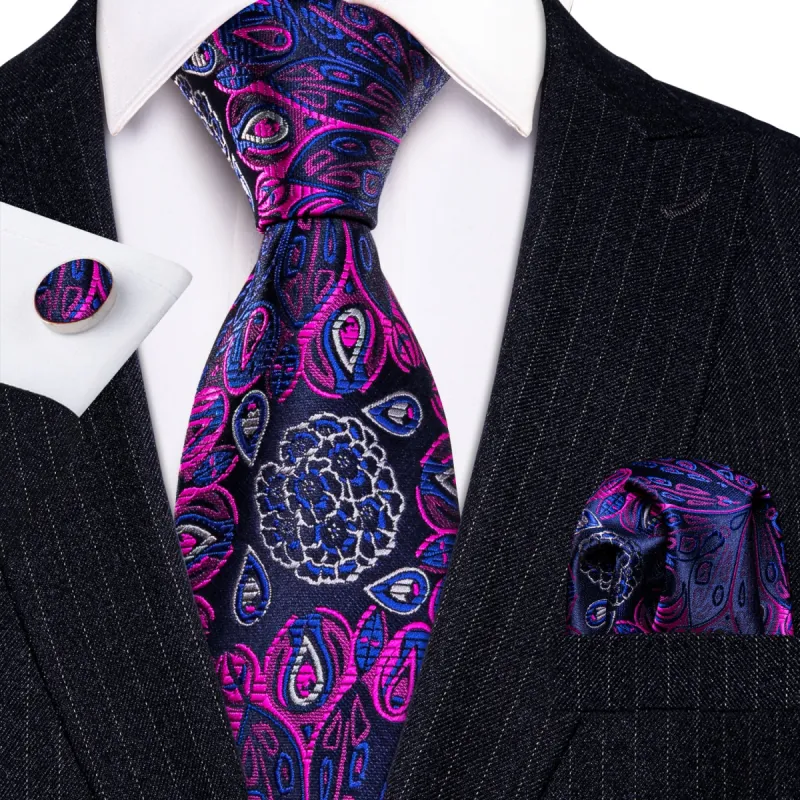 Barry Wang Deep Blue Pink Paisley Silk Men's Tie  Hanky Cufflinks Set sold by Barrywang