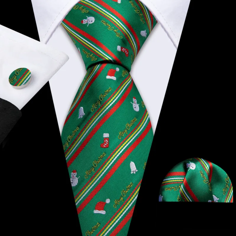 Barry Wang Christmas Tie Green Red Snowman Pattern Men's Tie Hanky Cufflinks Set sold by Barrywang