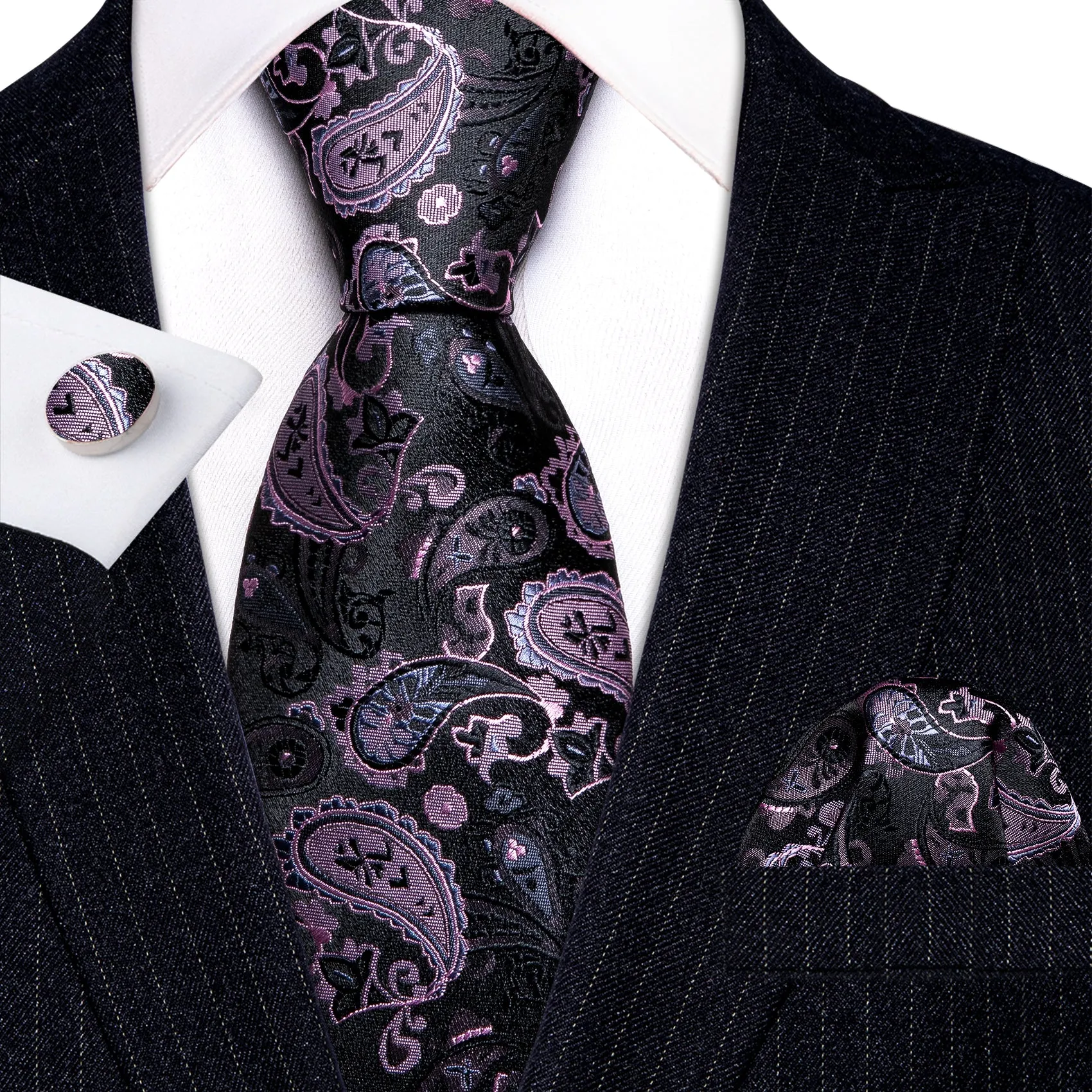 Barry Wang Black Pink Paisley Silk Tie Handkerchief Cufflinks Set sold by Barrywang product image thumbnail 2