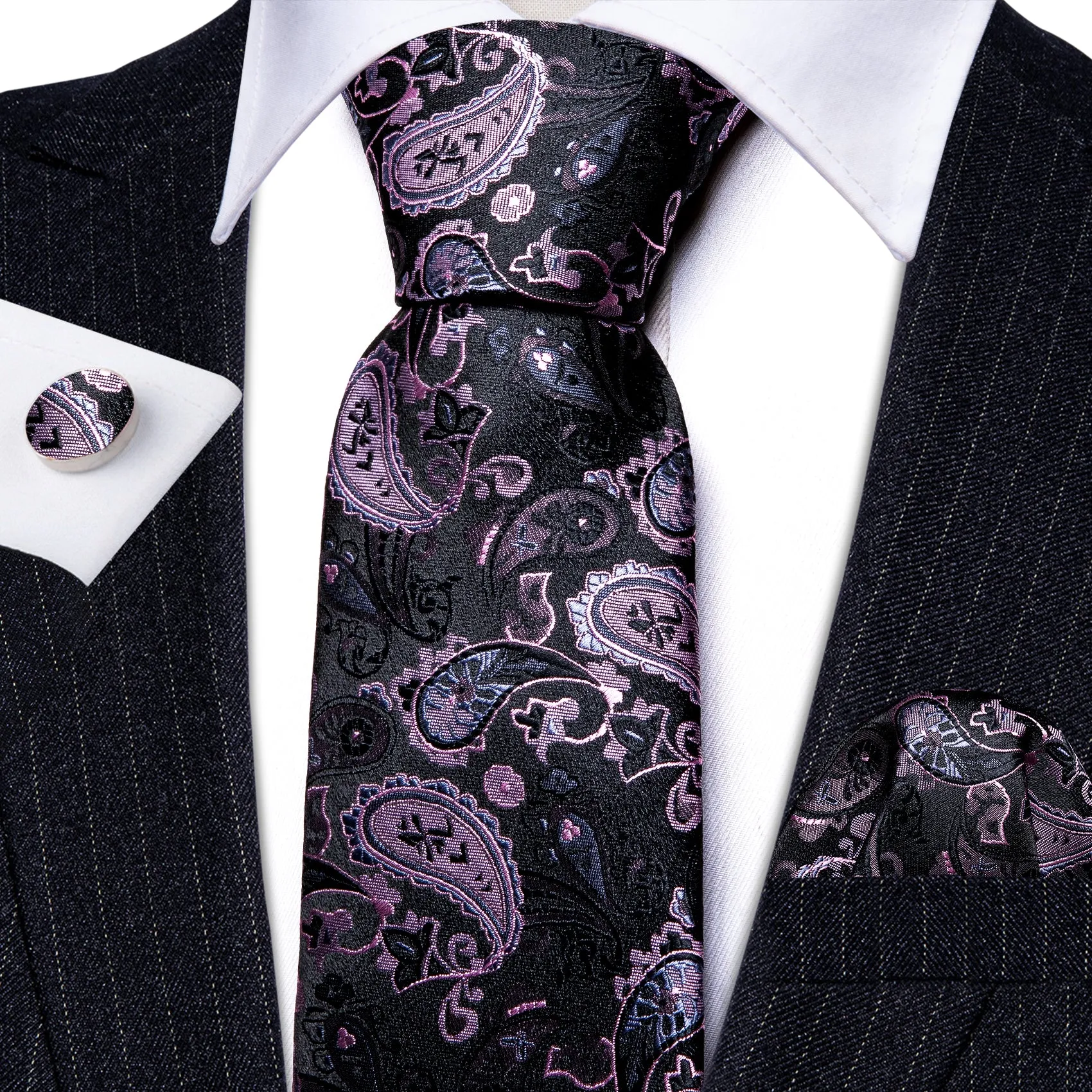 Barry Wang Black Pink Paisley Silk Tie Handkerchief Cufflinks Set sold by Barrywang product image thumbnail 3