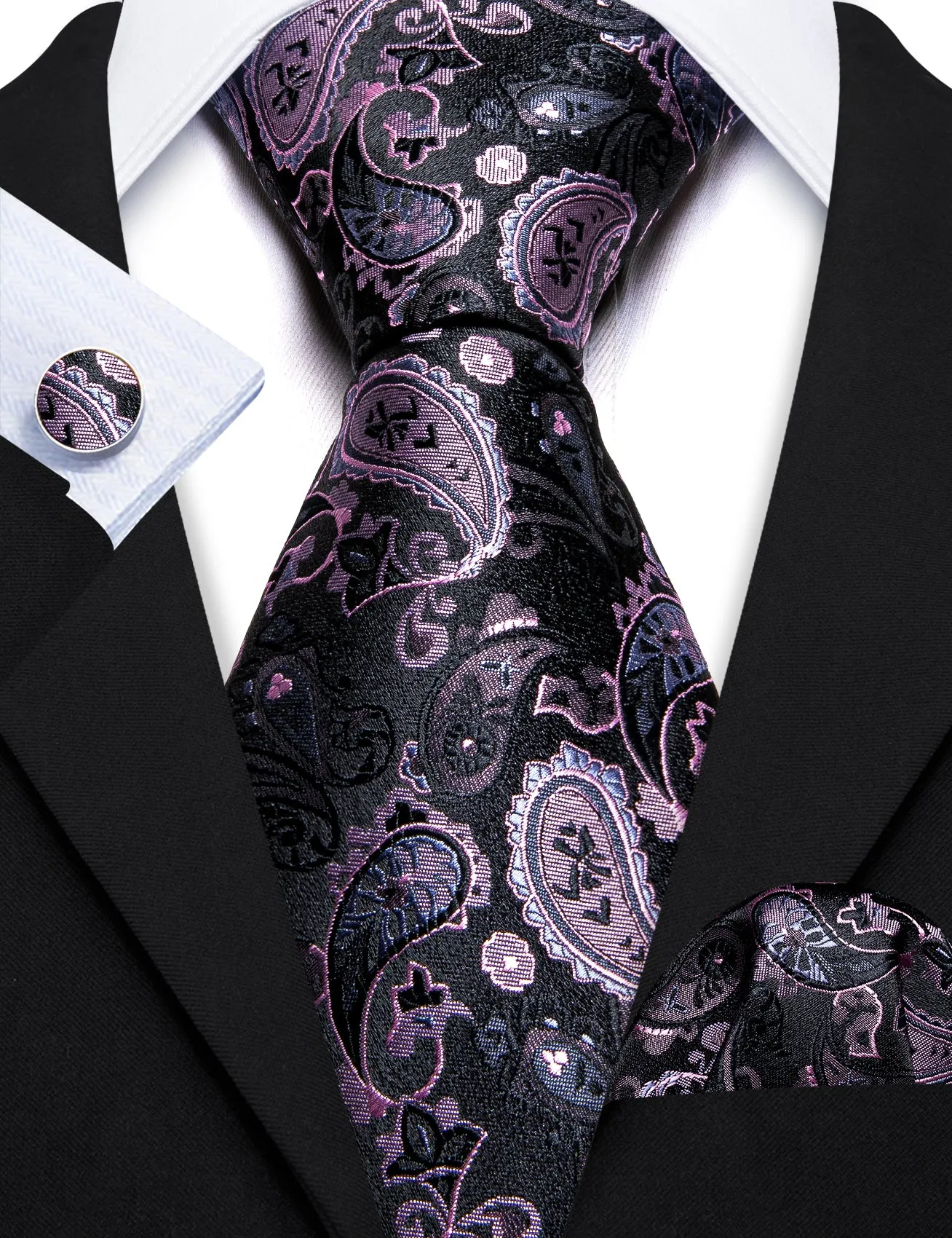 Barry Wang Black Pink Paisley Silk Tie Handkerchief Cufflinks Set sold by Barrywang product image thumbnail 4