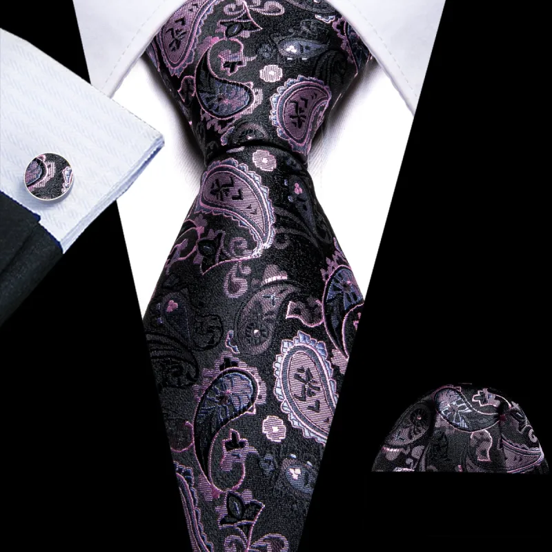 Barry Wang Black Pink Paisley Silk Tie Handkerchief Cufflinks Set sold by Barrywang