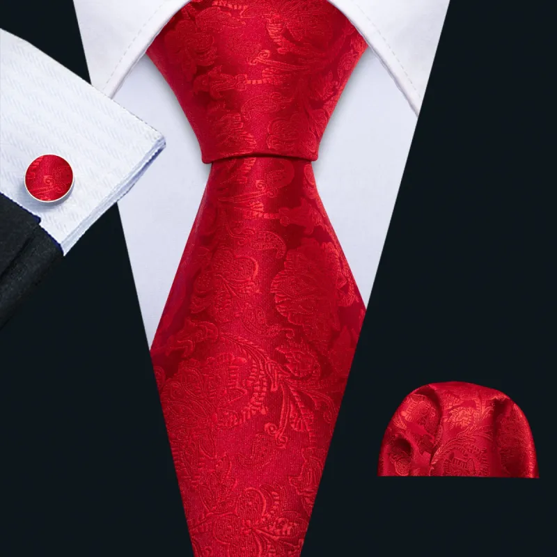 Barry Wang Crimson Red Floral Silk 63 inches Tie Hanky Cufflinks Set sold by Barrywang