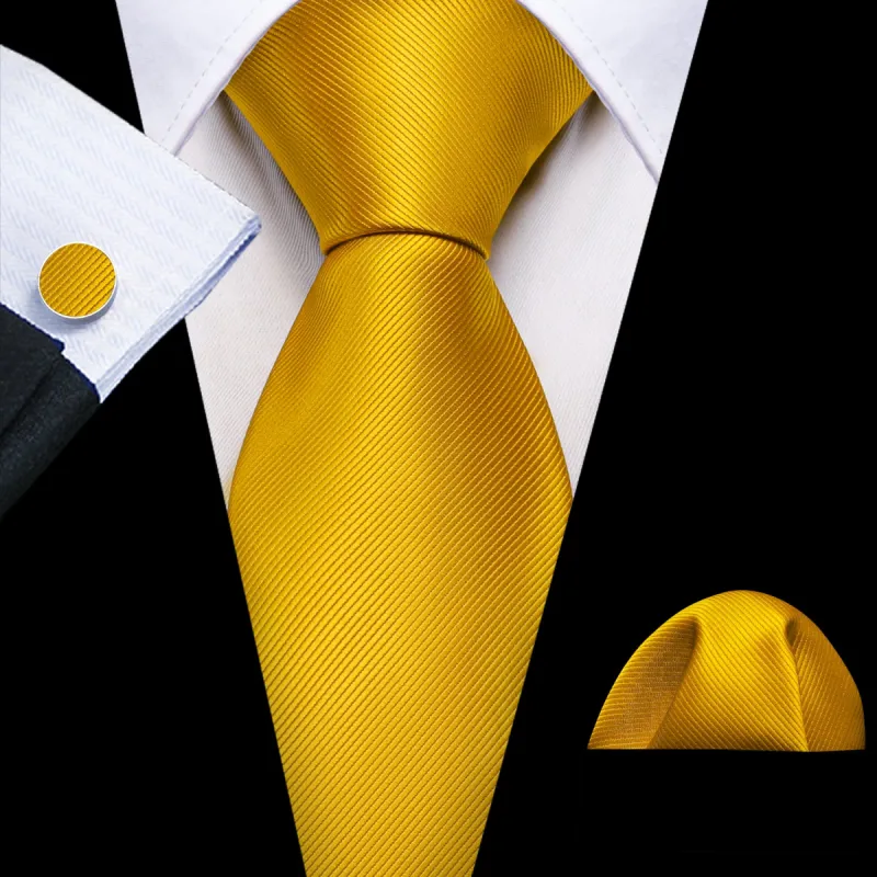 Barry Wang Gold Yellow Solid Silk Mens Tie Handkerchief Cufflinks Set sold by Barrywang