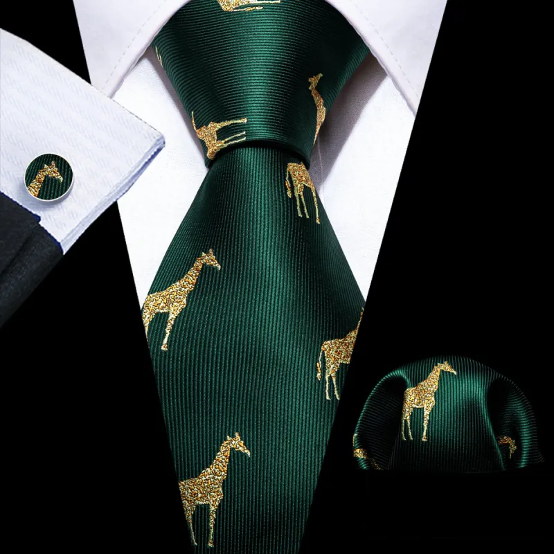 Barry Wang Green Tie Gold Giraffe Print Silk Tie Handkerchief Cufflinks Set sold by Barrywang
