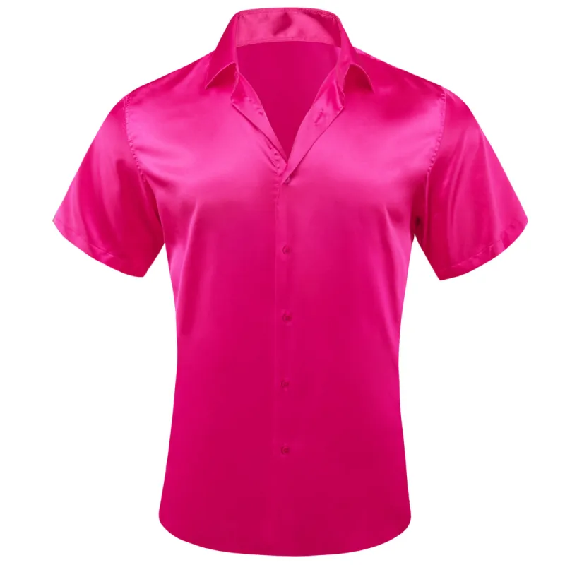 Barry Wang Summer Short Sleeve Button-Up Shirts Solid DeepPink Shirt sold by Barrywang