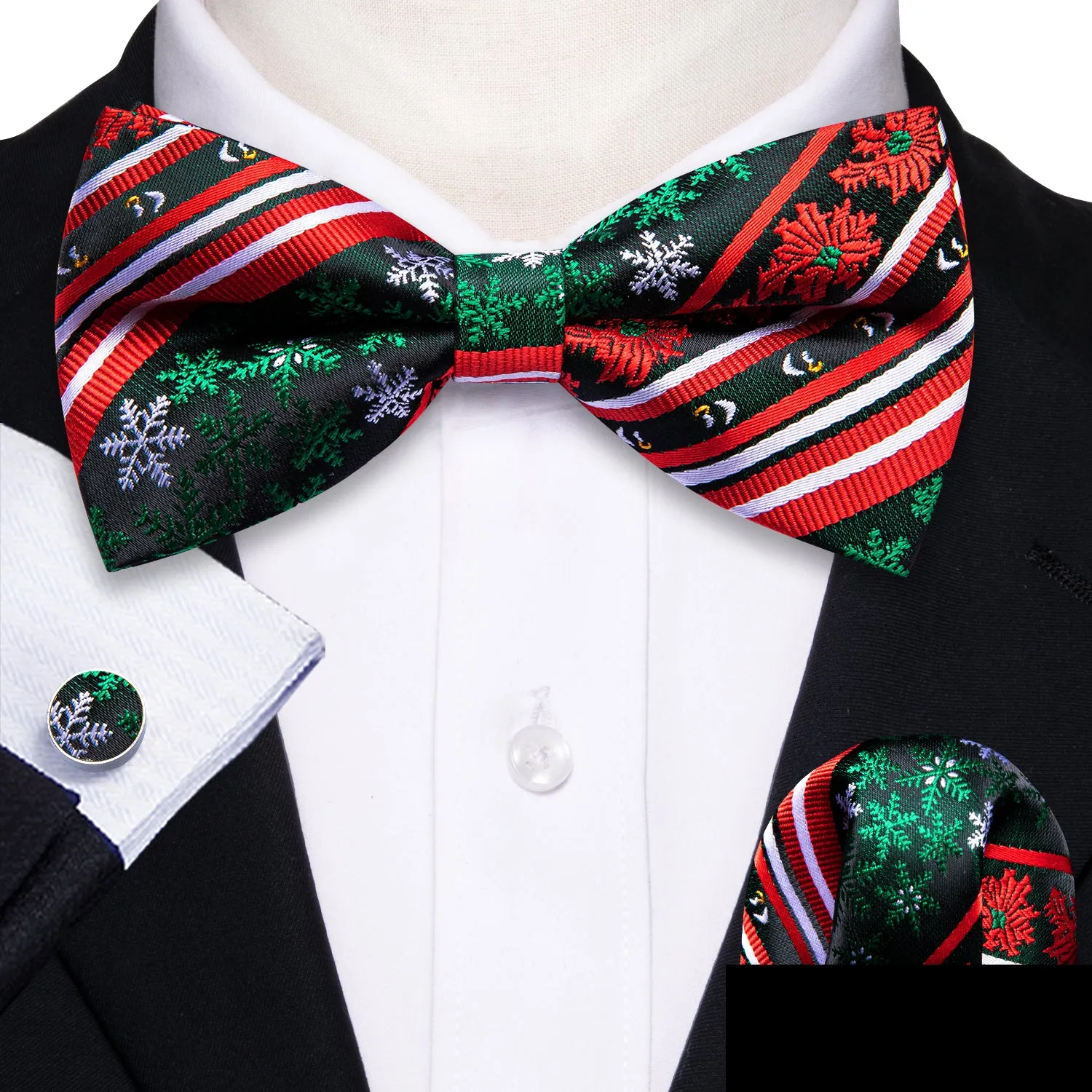 Christmas Red Green Xmas Snowflake Pre Tied Bow Tie Hanky Cufflinks Set sold by Barrywang product image thumbnail 2
