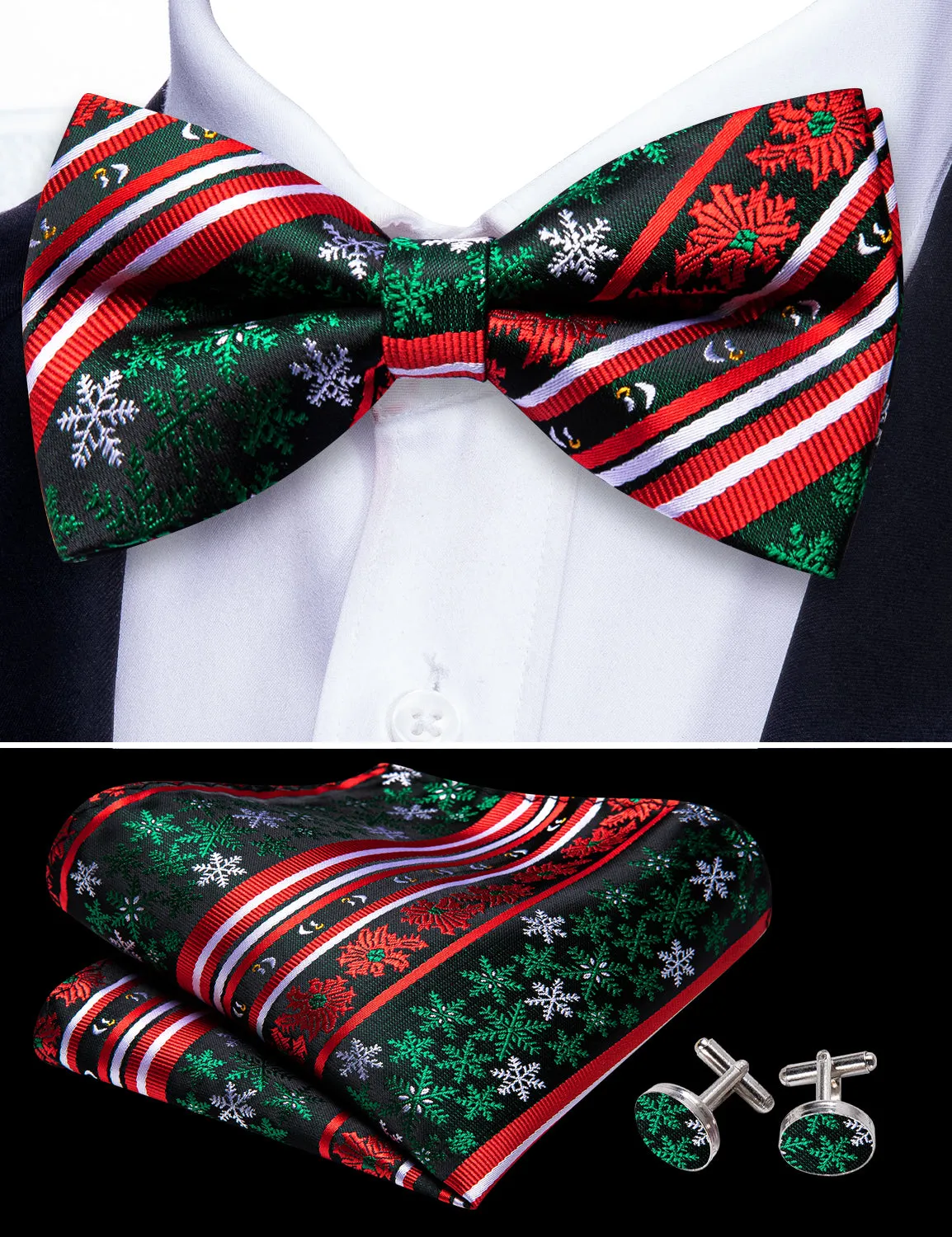 Christmas Red Green Xmas Snowflake Pre Tied Bow Tie Hanky Cufflinks Set sold by Barrywang product image thumbnail 5