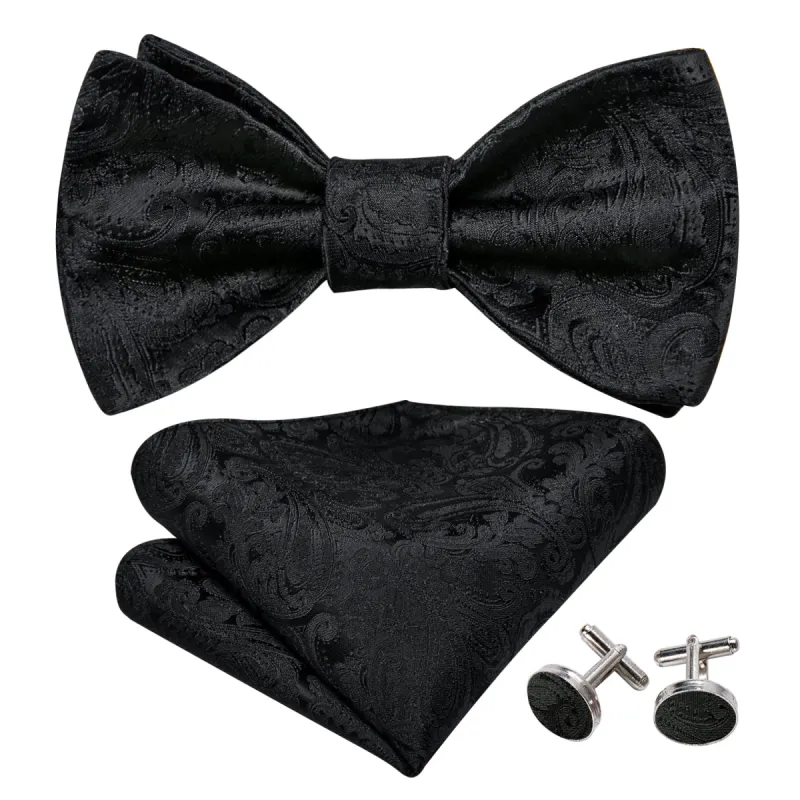 Barry Wang Mens Black Paisley Self-Tied Bow Tie Hanky Cufflinks Set sold by Barrywang