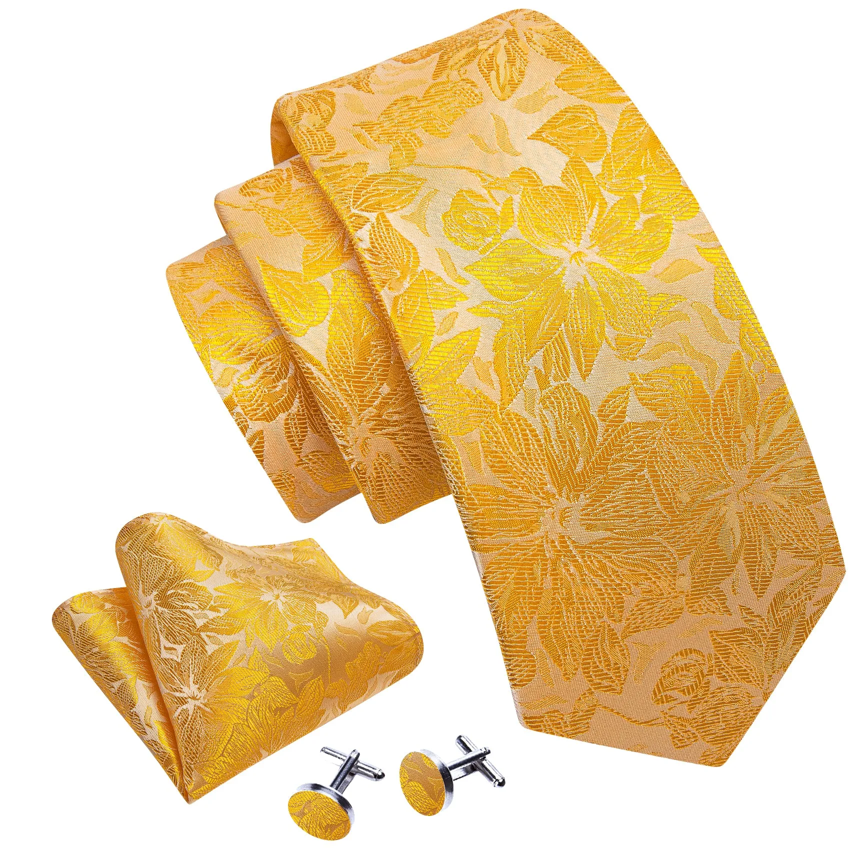 Barry Wang Gold Yellow Floral Silk Mens Tie Handkerchief Cufflinks Set sold by Barrywang product image thumbnail 2