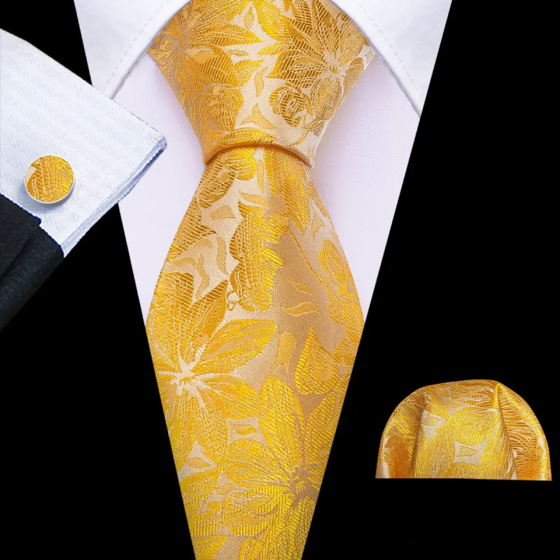 Barry Wang Gold Yellow Floral Silk Mens Tie Handkerchief Cufflinks Set sold by Barrywang