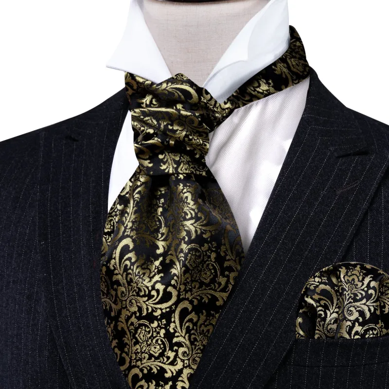 Barry. Wang Black Gold Silk Paisley Ascot Handkerchief Cufflinks Set sold by Barrywang