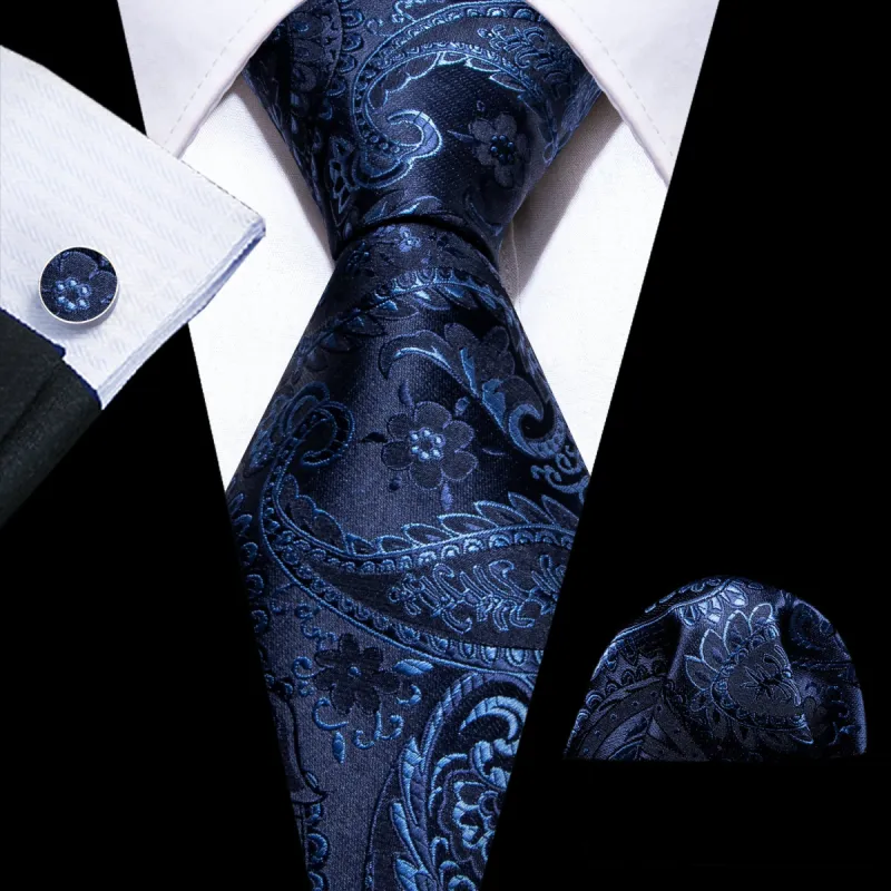 Barry Wang Navy Blue Tie Floral Silk Ties Handkerchief Cufflinks Set sold by Barrywang