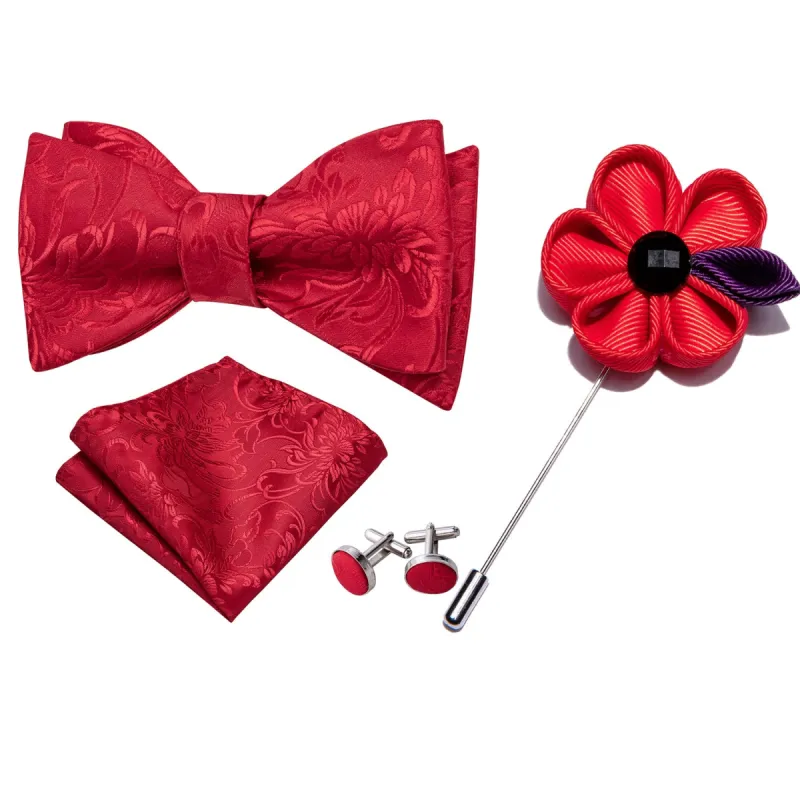 Red Floral Self Tie Bow Tie Hanky Cufflinks Set sold by Barrywang
