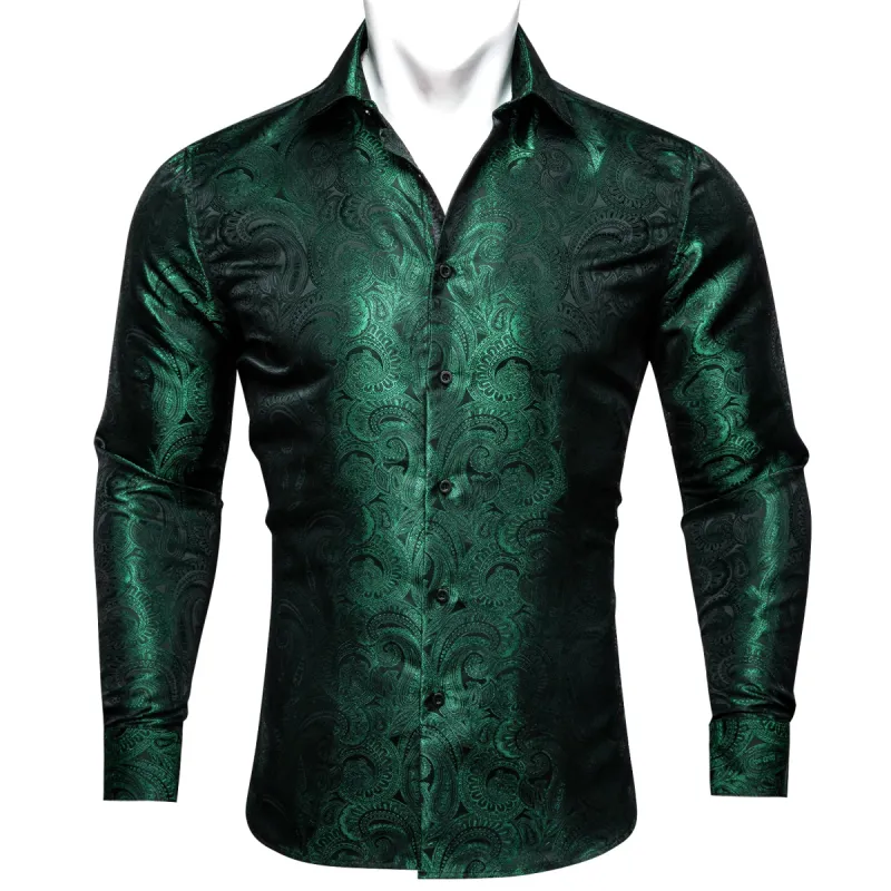 Barry Wang Green Shirt Blackish Green Paisley Silk Men's Shirt sold by Barrywang