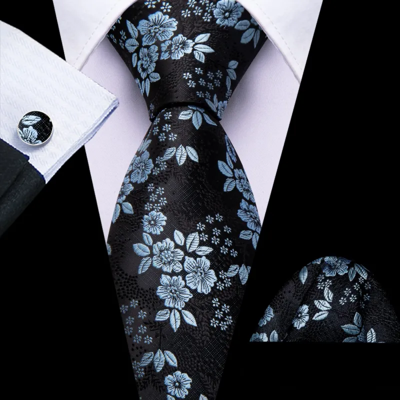 Barry Wang Sky Blue Jacquard Floral Tie Black Tie Hanky Cufflinks Set sold by Barrywang