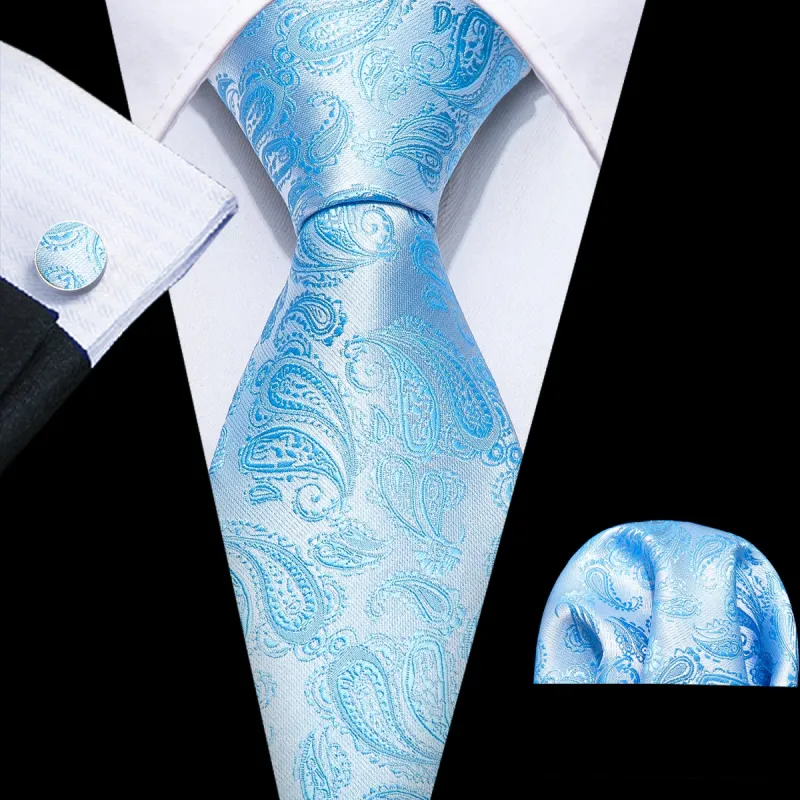 Barry Wang Men's Tie Light Blue Paisley Necktie Hanky Cufflinks Set sold by Barrywang