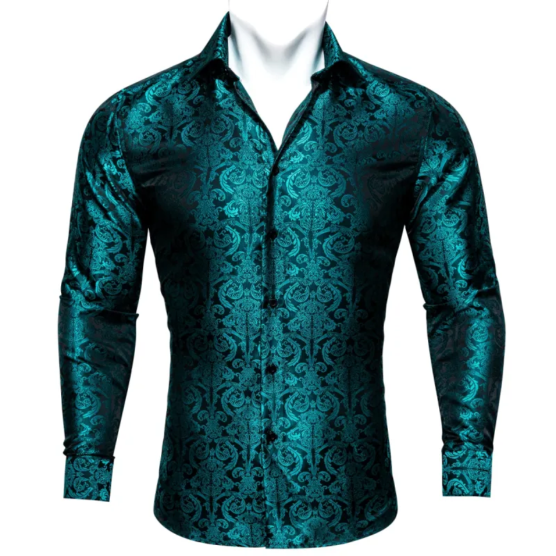 Barry.wang Blue Floral Silk Men's Long Sleeve Shirt sold by Barrywang