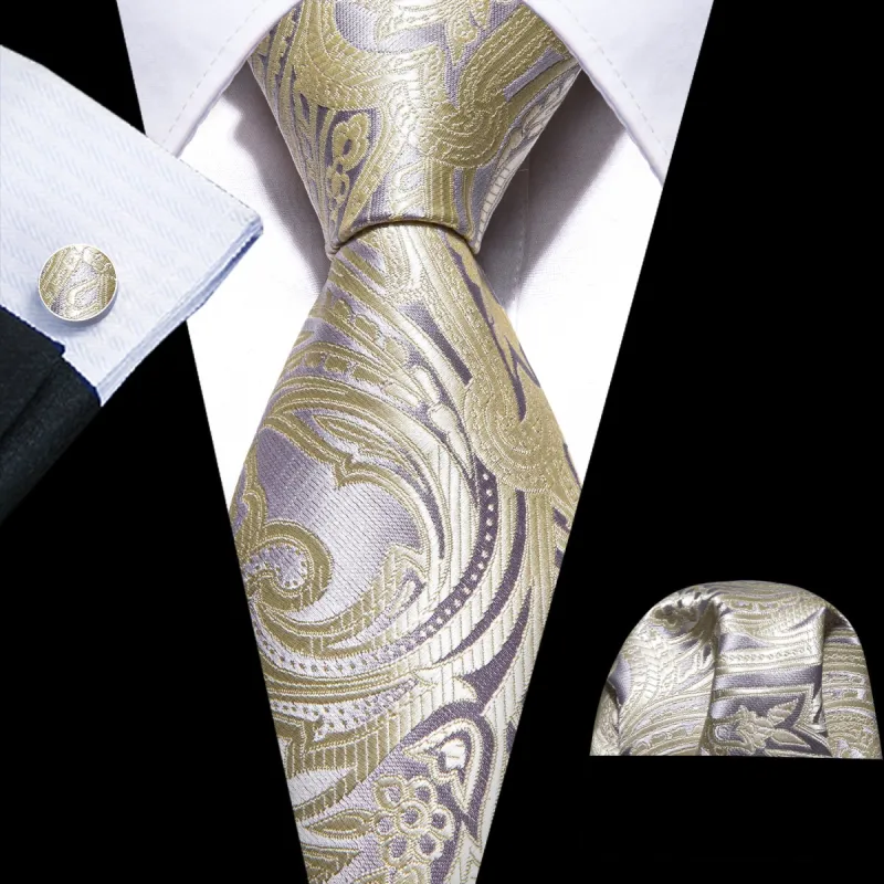 Barry Wang Champagne Tie Wedding Golden Purple Paisley Silk Tie Set sold by Barrywang