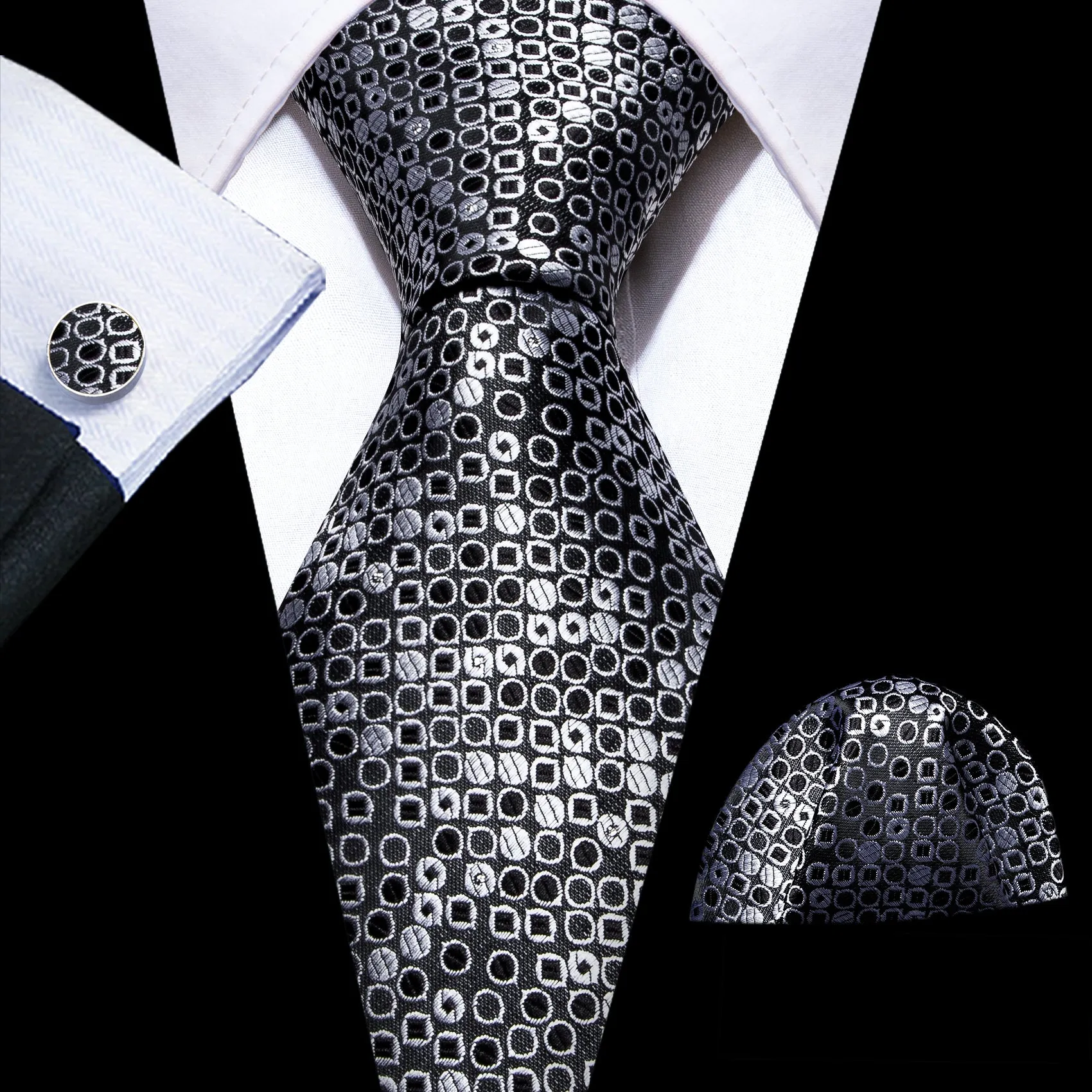 Barry Wang Black White Round Floral Silk Tie Handkerchief Cufflinks Set sold by Barrywang