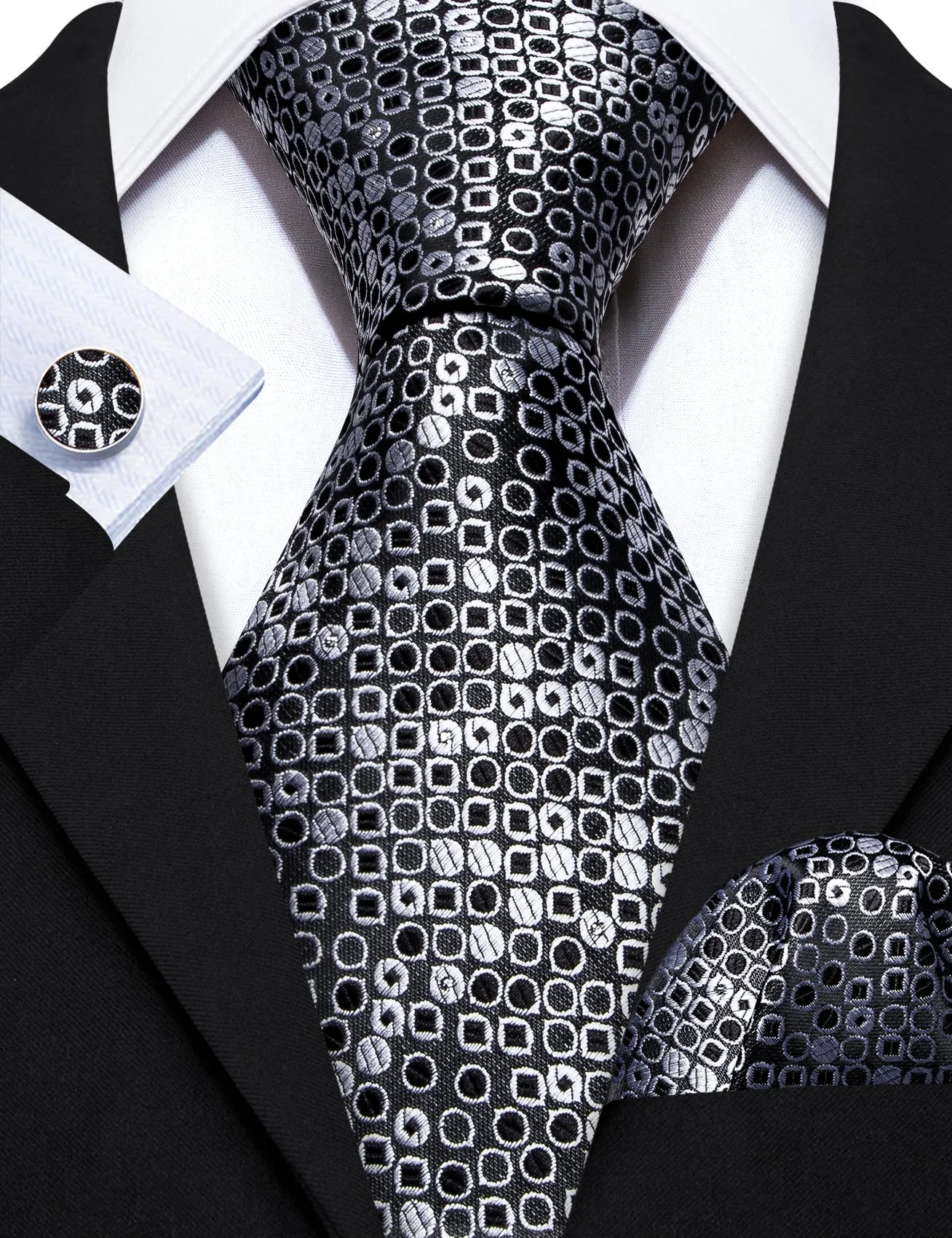 Barry Wang Black White Round Floral Silk Tie Handkerchief Cufflinks Set sold by Barrywang product image thumbnail 3
