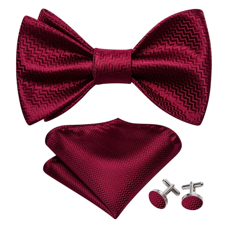 Dark Red Striped Silk Bow Tie Hanky Cufflinks Set sold by Barrywang