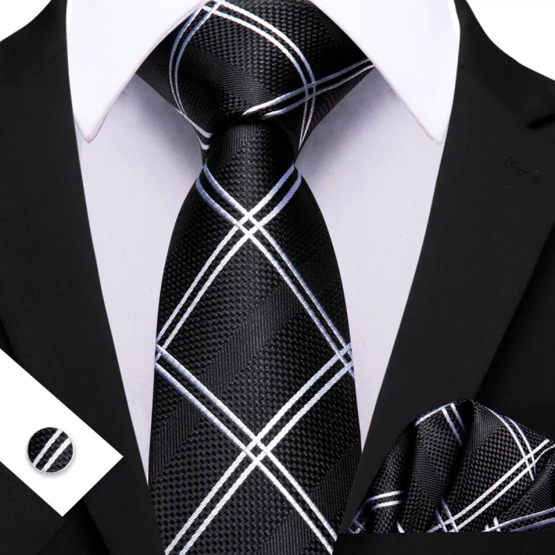Barry. Wang Black Tie White Lines Checkered Men's Wedding Set sold by Barrywang