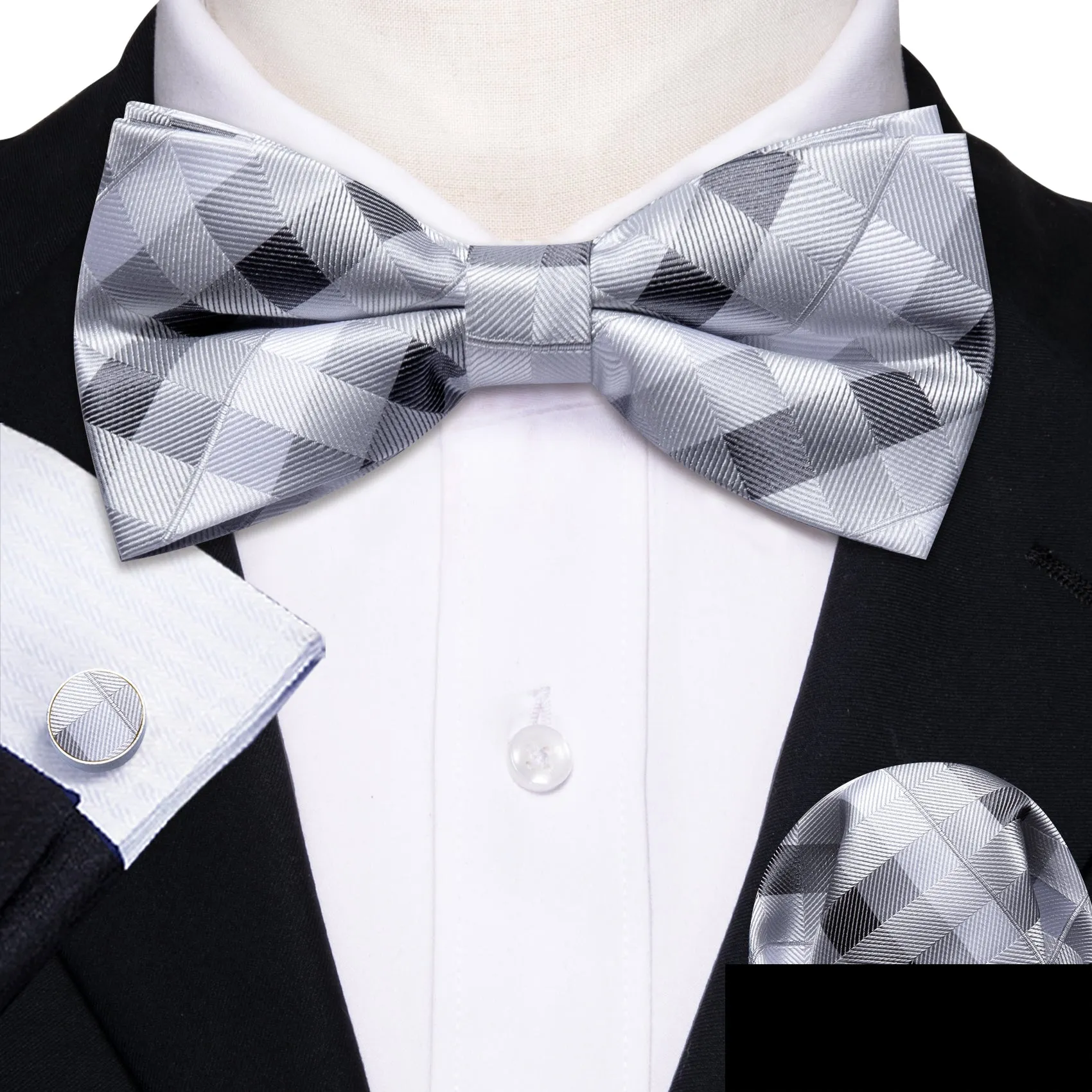 Barry Wang Grey White Black Plaid Pre Tied Bow Tie Hanky Cufflinks Set sold by Barrywang product image thumbnail 3
