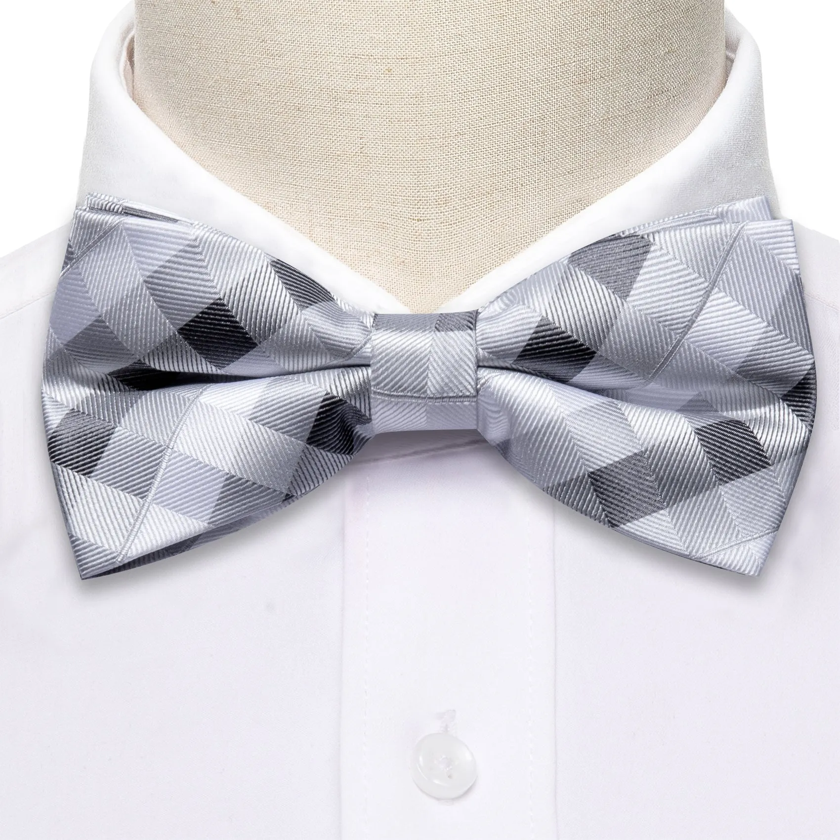 Barry Wang Grey White Black Plaid Pre Tied Bow Tie Hanky Cufflinks Set sold by Barrywang product image thumbnail 5