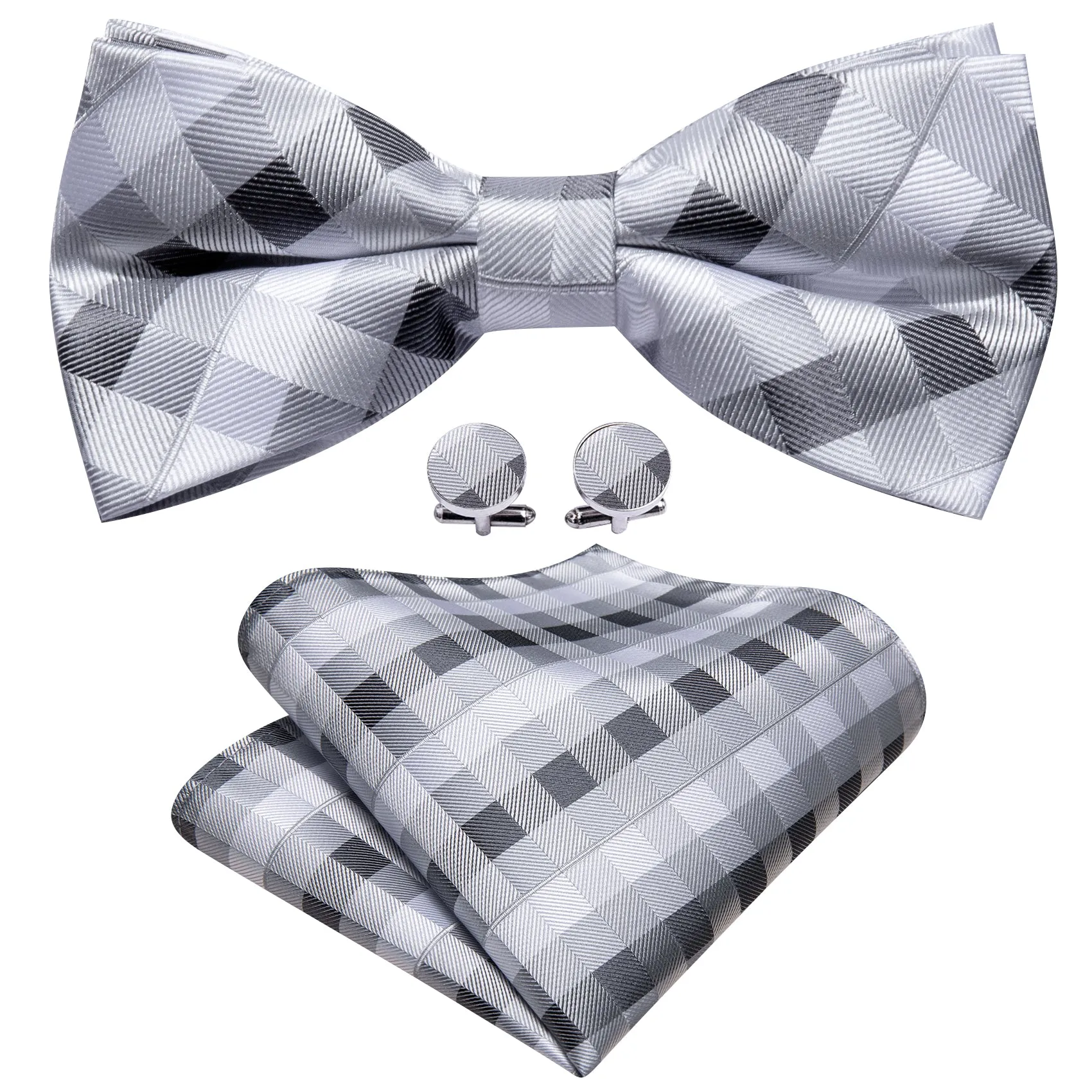 Barry Wang Grey White Black Plaid Pre Tied Bow Tie Hanky Cufflinks Set sold by Barrywang