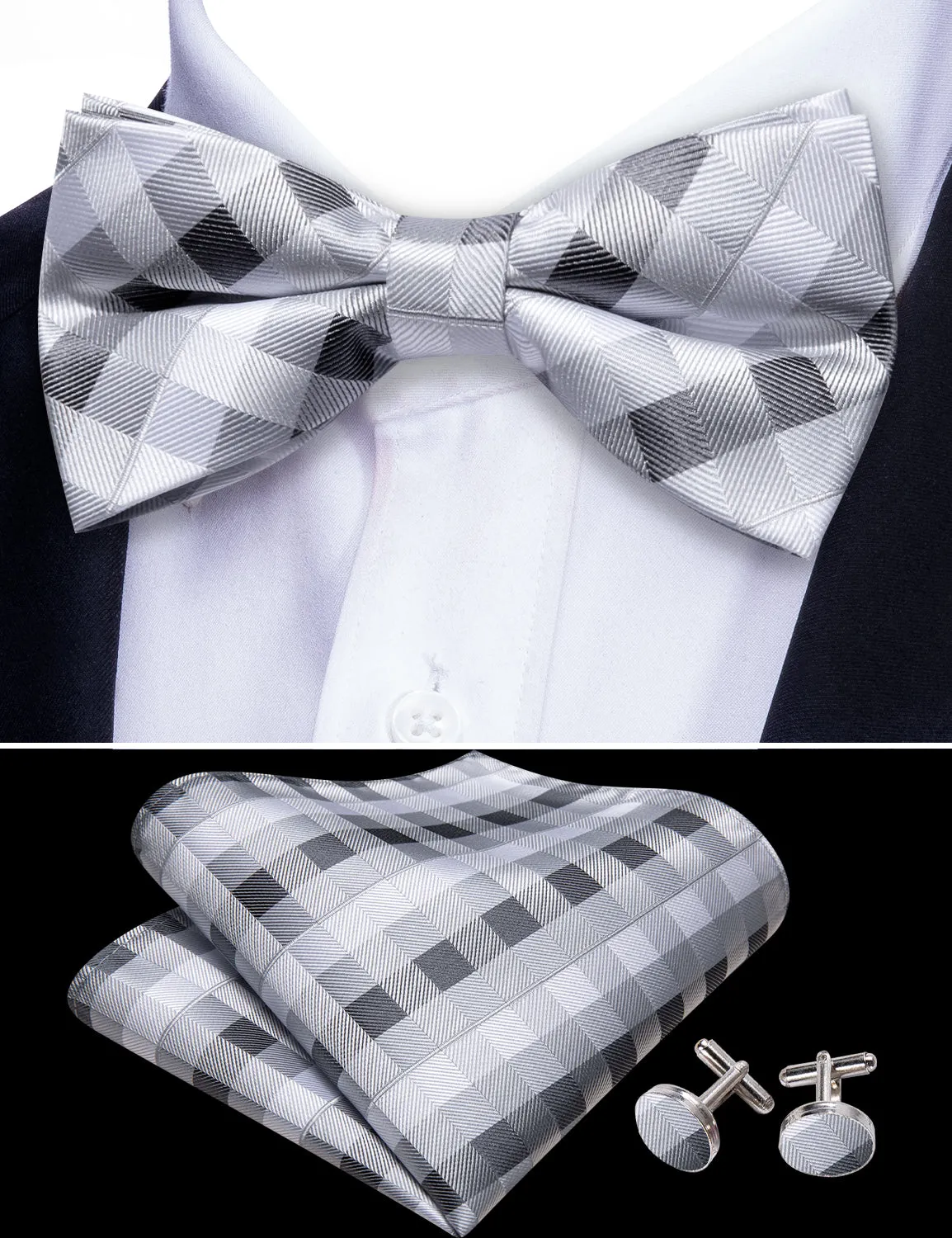 Barry Wang Grey White Black Plaid Pre Tied Bow Tie Hanky Cufflinks Set sold by Barrywang product image thumbnail 4