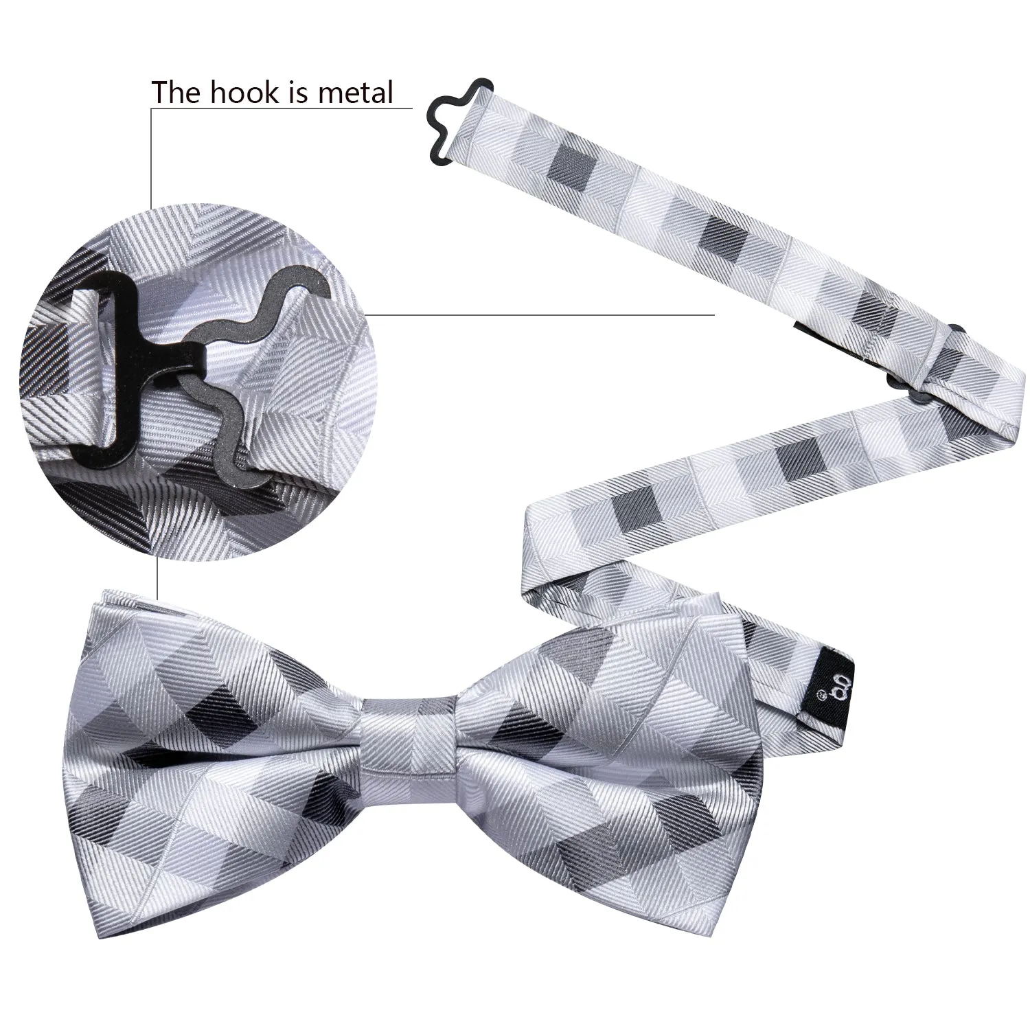 Barry Wang Grey White Black Plaid Pre Tied Bow Tie Hanky Cufflinks Set sold by Barrywang product image thumbnail 2