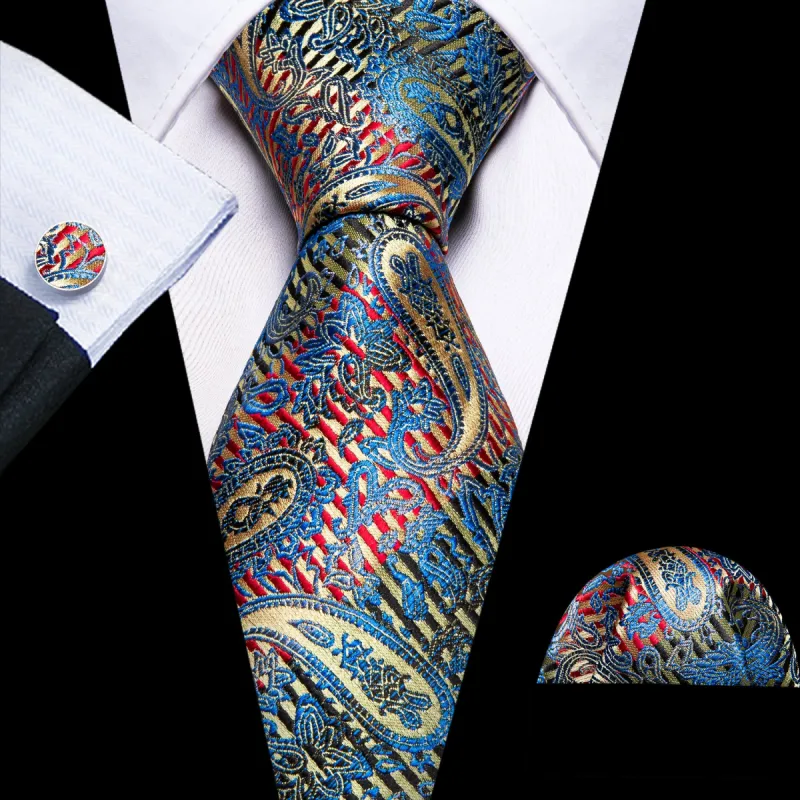 Barry Wang Shining Blue Red Paisley Silk Tie Pocket Square Cufflinks Set sold by Barrywang