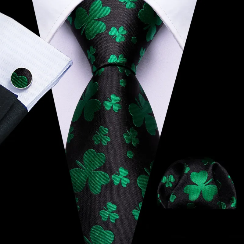 Barry Wang Black Tie Green Clover Pattern Necktie Hanky Cufflinks Set sold by Barrywang