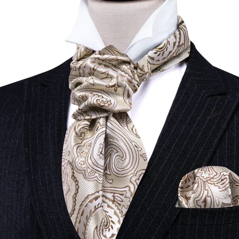 Barry Wang Men's Beige Paisley Silk Ascot Handkerchief Cufflinks Set sold by Barrywang
