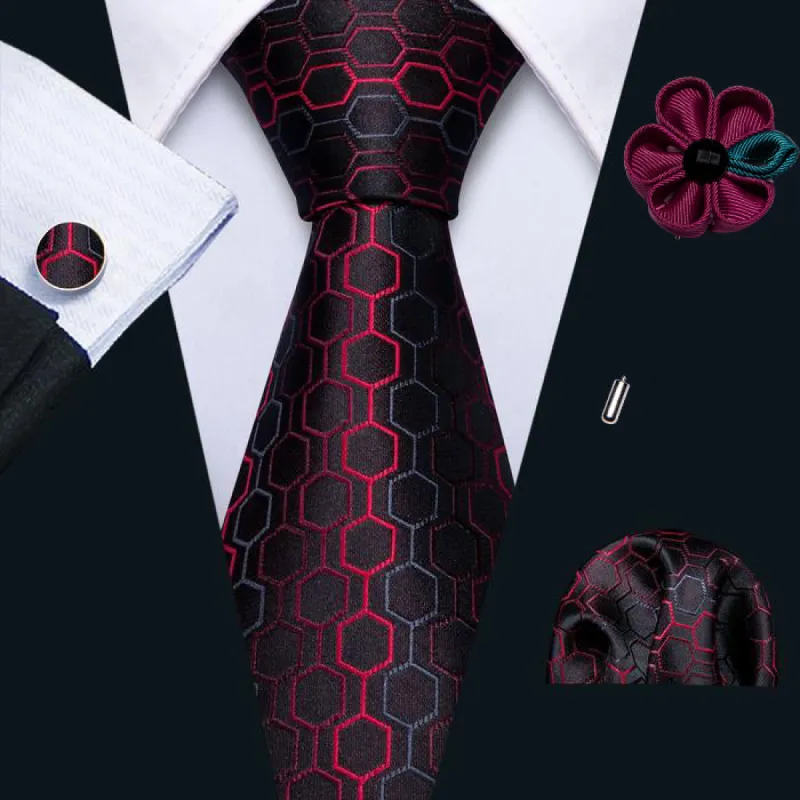 Barry. Wang Black Tie Red Geometric Silk Men's Necktie Pocket Square Cufflinks Brooch Set sold by Barrywang