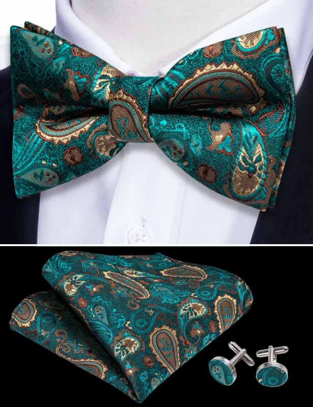 Barry.wang Men's Tie Teal Blue Paisley Silk Pre-tied Bow Tie Set sold by Barrywang