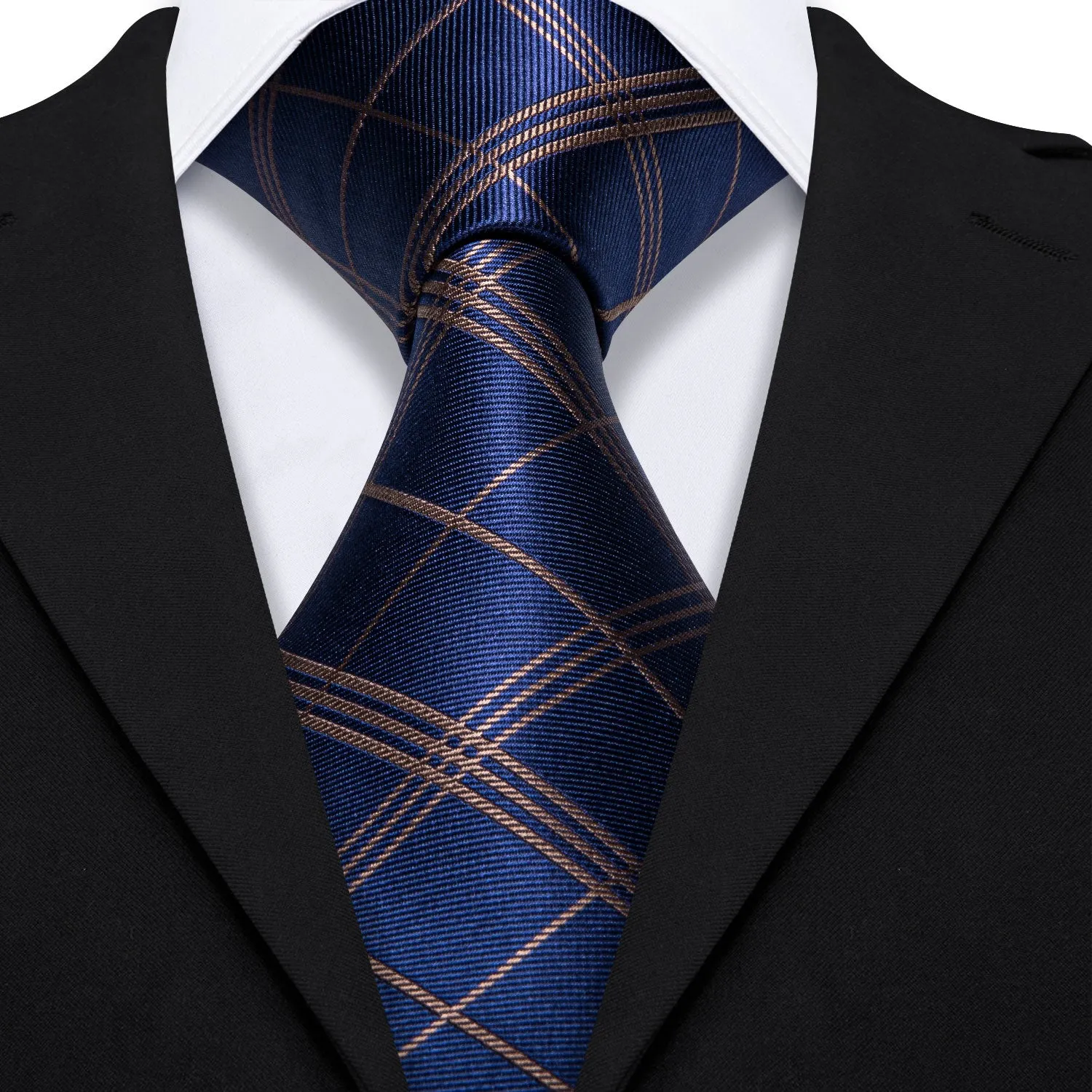 Barry. Wang Navy Blue Tie Gold Checkered Men's Plaid Necktie Formal Tie sold by Barrywang product image thumbnail 3