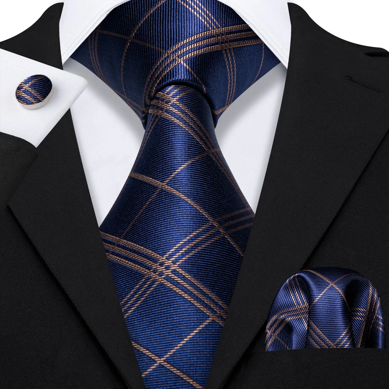 Barry. Wang Navy Blue Tie Gold Checkered Men's Plaid Necktie Formal Tie sold by Barrywang product image thumbnail 2