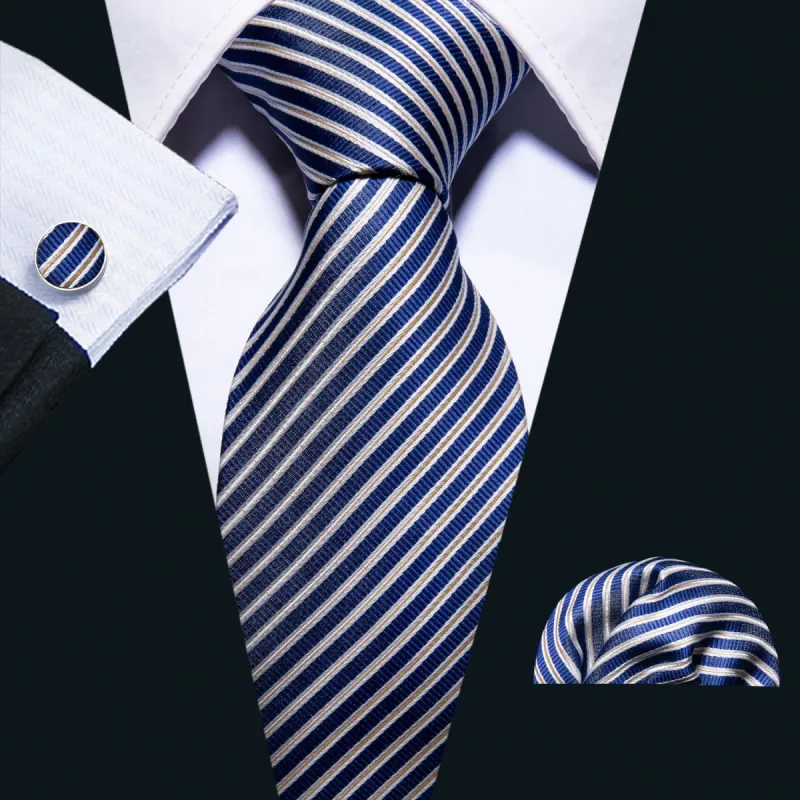 Barry Wang Men Blue Narrow Striped Silk Fabric Tie Hanky Cufflinks Set sold by Barrywang