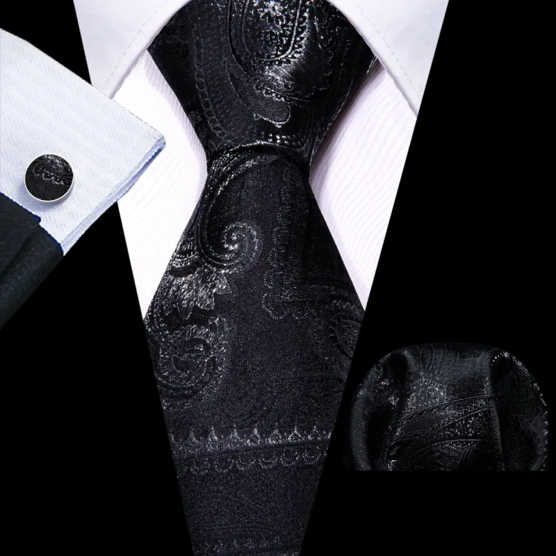 Barry Wang Necktie Black Paisley Silk Tie Handkerchief Cufflinks Set sold by Barrywang