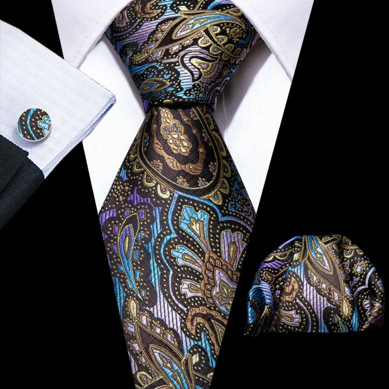 Barry Wang Brown Colorful Paisley Silk Tie Handkerchief Cufflinks Set sold by Barrywang