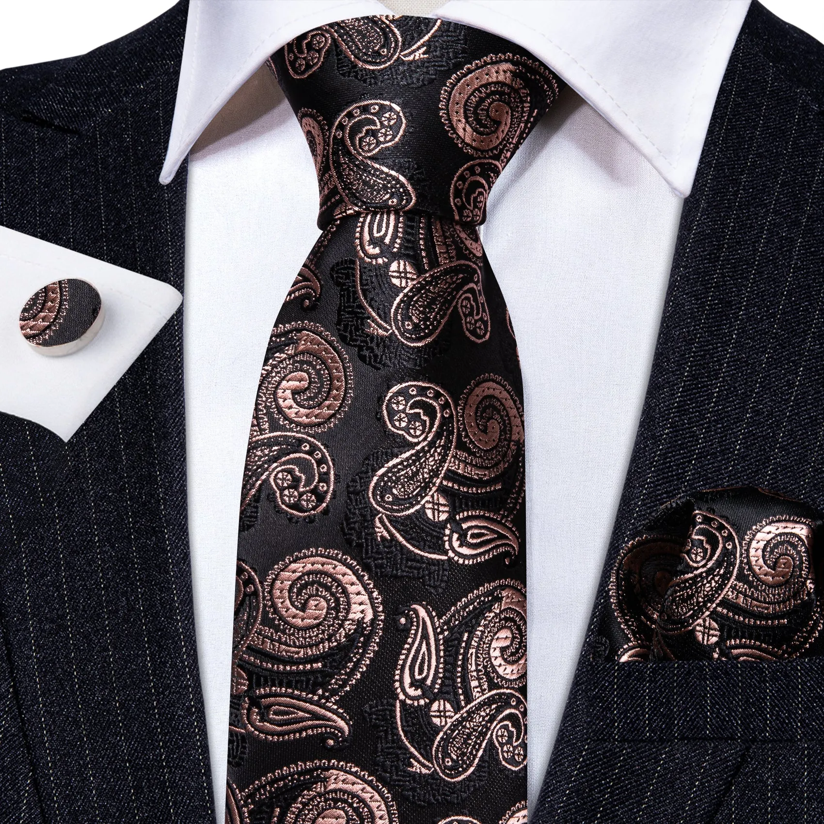 Barry Wang Mens Tie Black Brown Paisley Tie Handkerchief Cufflinks Set sold by Barrywang product image thumbnail 3