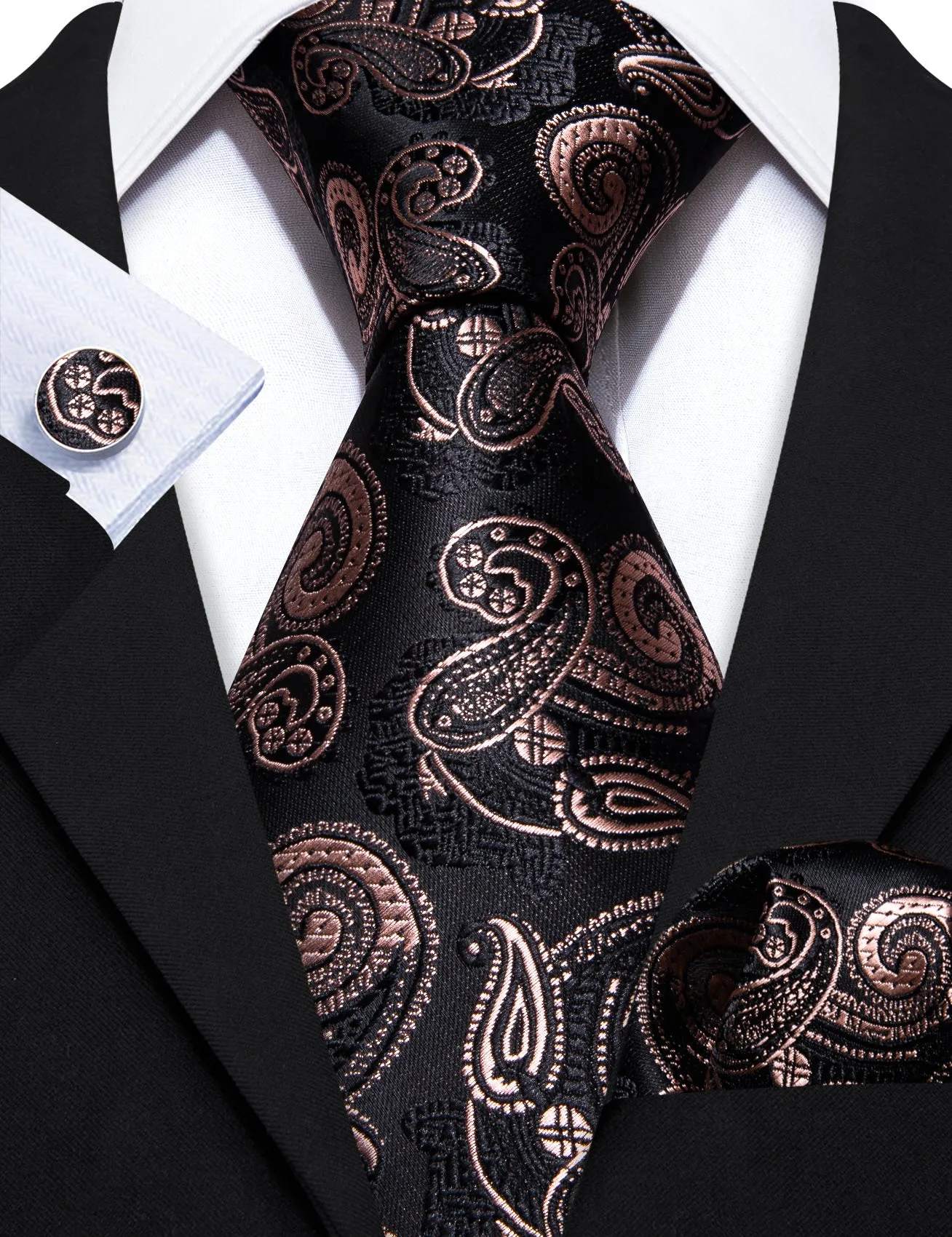 Barry Wang Mens Tie Black Brown Paisley Tie Handkerchief Cufflinks Set sold by Barrywang product image thumbnail 5
