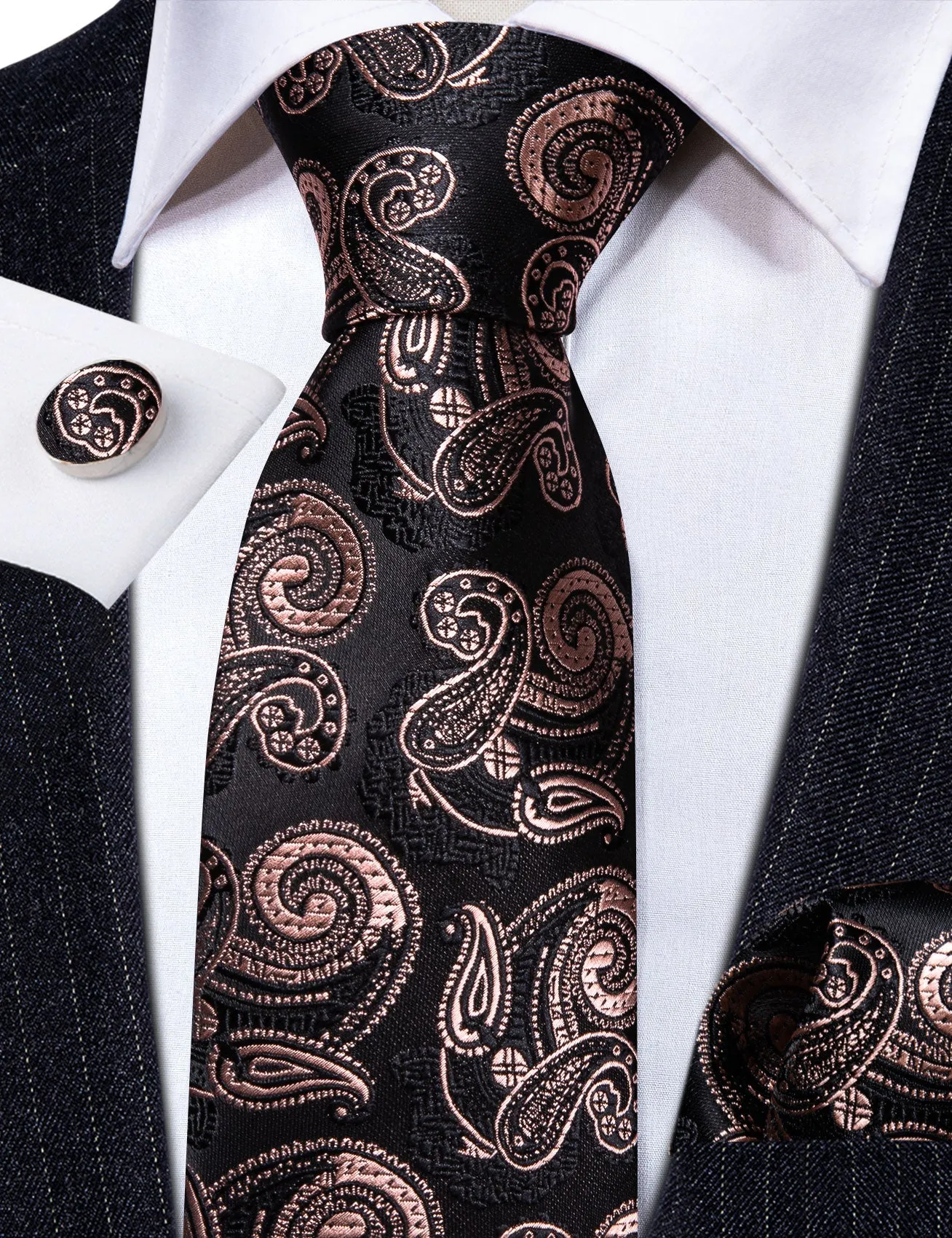 Barry Wang Mens Tie Black Brown Paisley Tie Handkerchief Cufflinks Set sold by Barrywang product image thumbnail 4