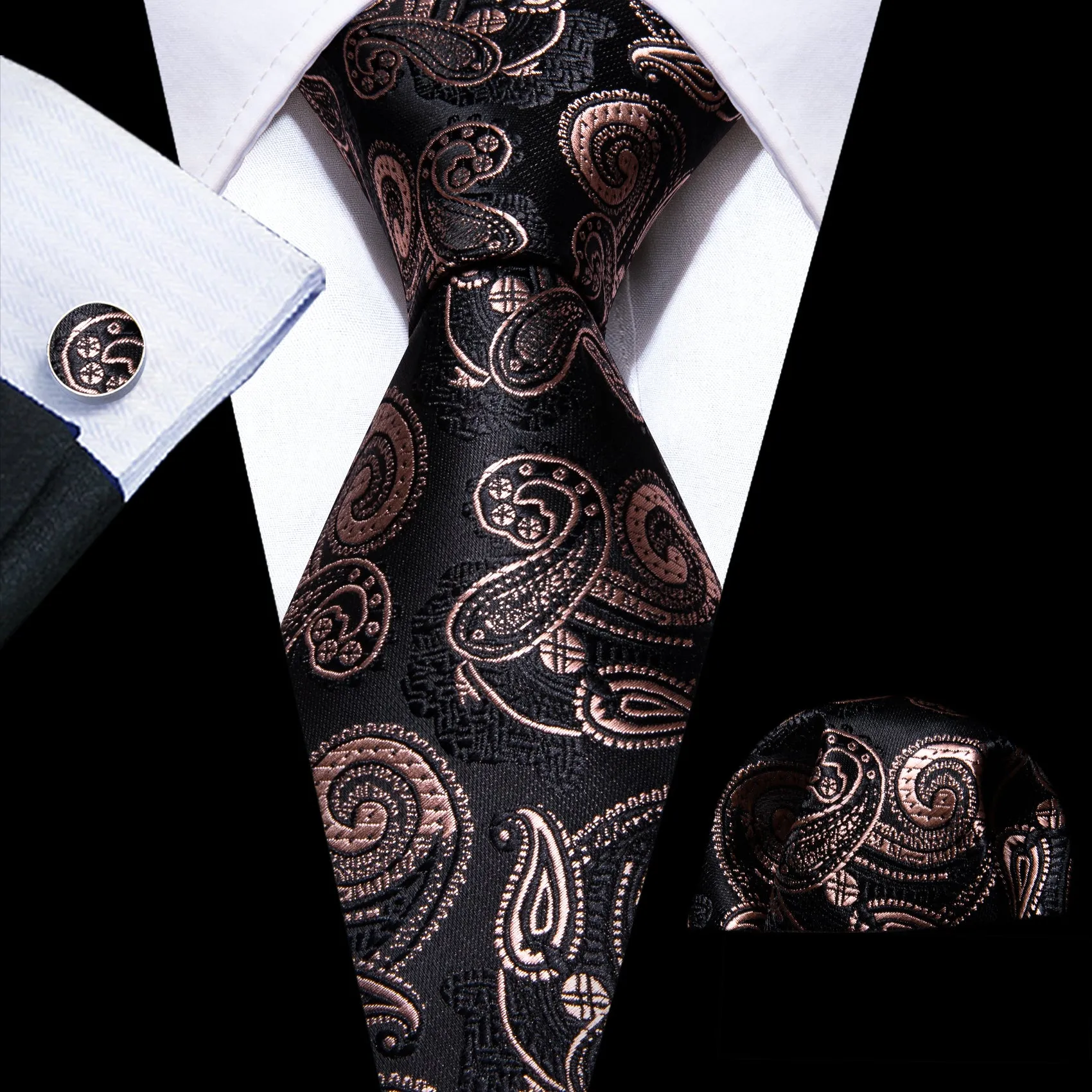 Barry Wang Mens Tie Black Brown Paisley Tie Handkerchief Cufflinks Set sold by Barrywang