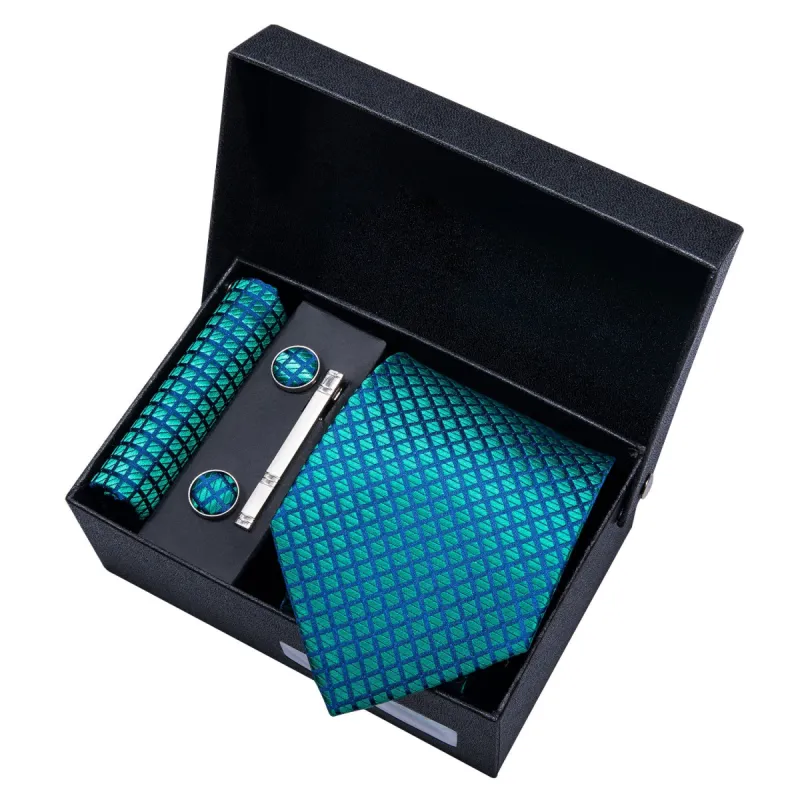 Barry. Wang Teal Blue Plaid Necktie Pocket Square Cufflink Clip Gift Box Set sold by Barrywang