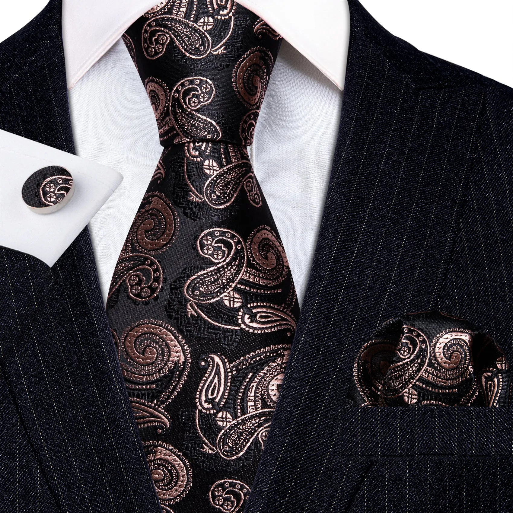 Barry Wang Mens Tie Black Brown Paisley Tie Handkerchief Cufflinks Set sold by Barrywang product image thumbnail 2