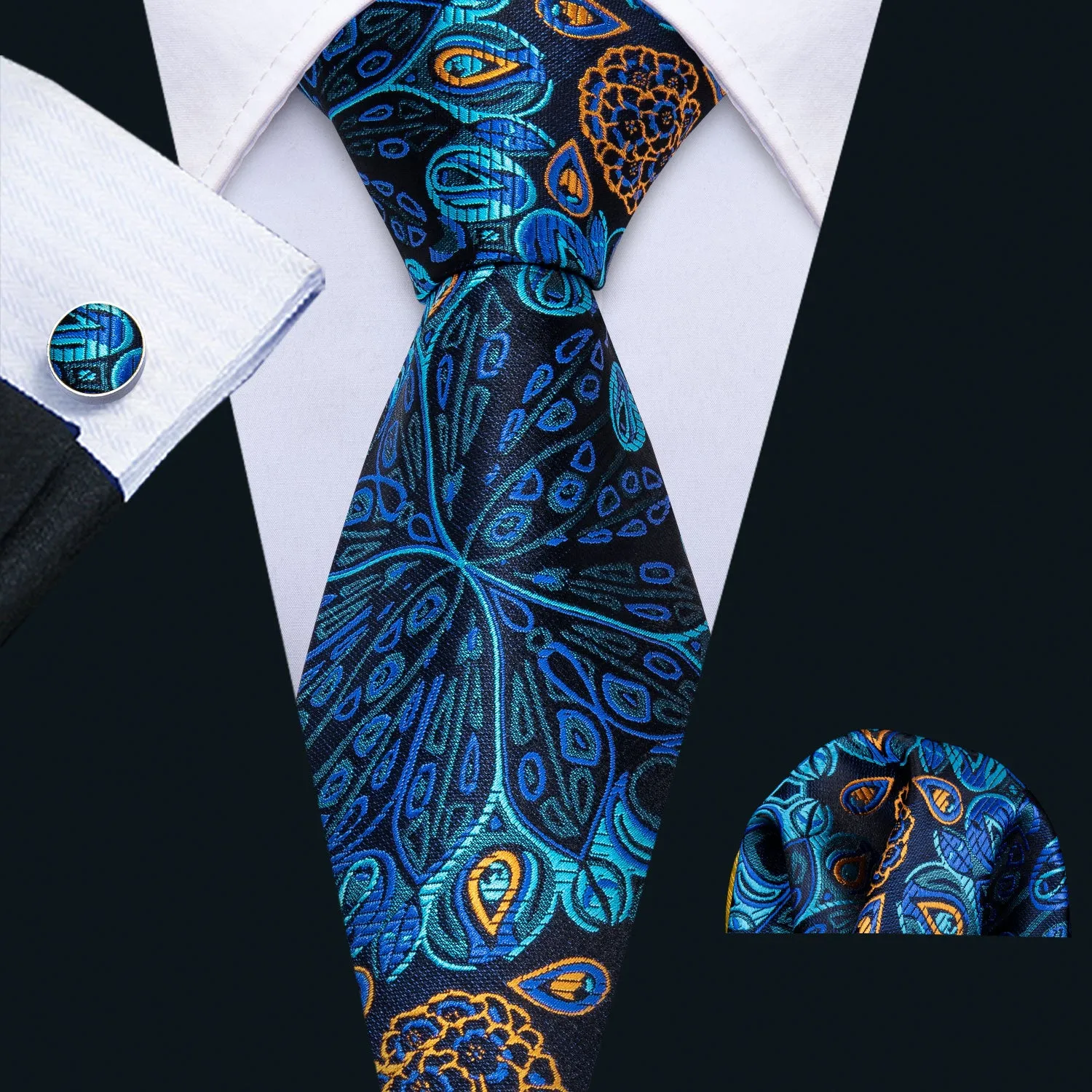 Barry. Wang Fantastic Blue Floral Tie Pocket Square Cufflinks Set sold by Barrywang