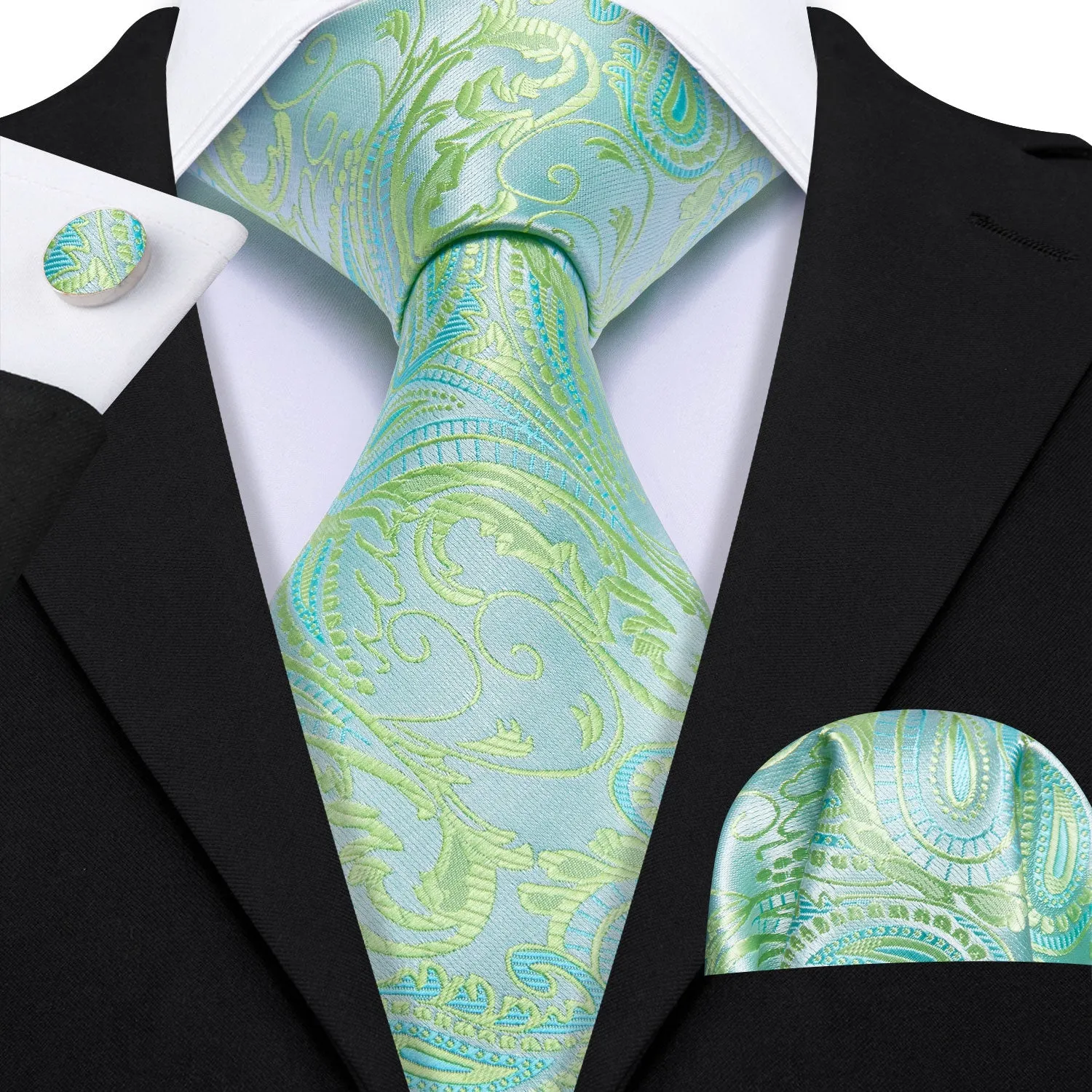 Barry Wang Teal Blue Green Paisley Silk Tie Handkerchief Cufflinks Set sold by Barrywang product image thumbnail 2